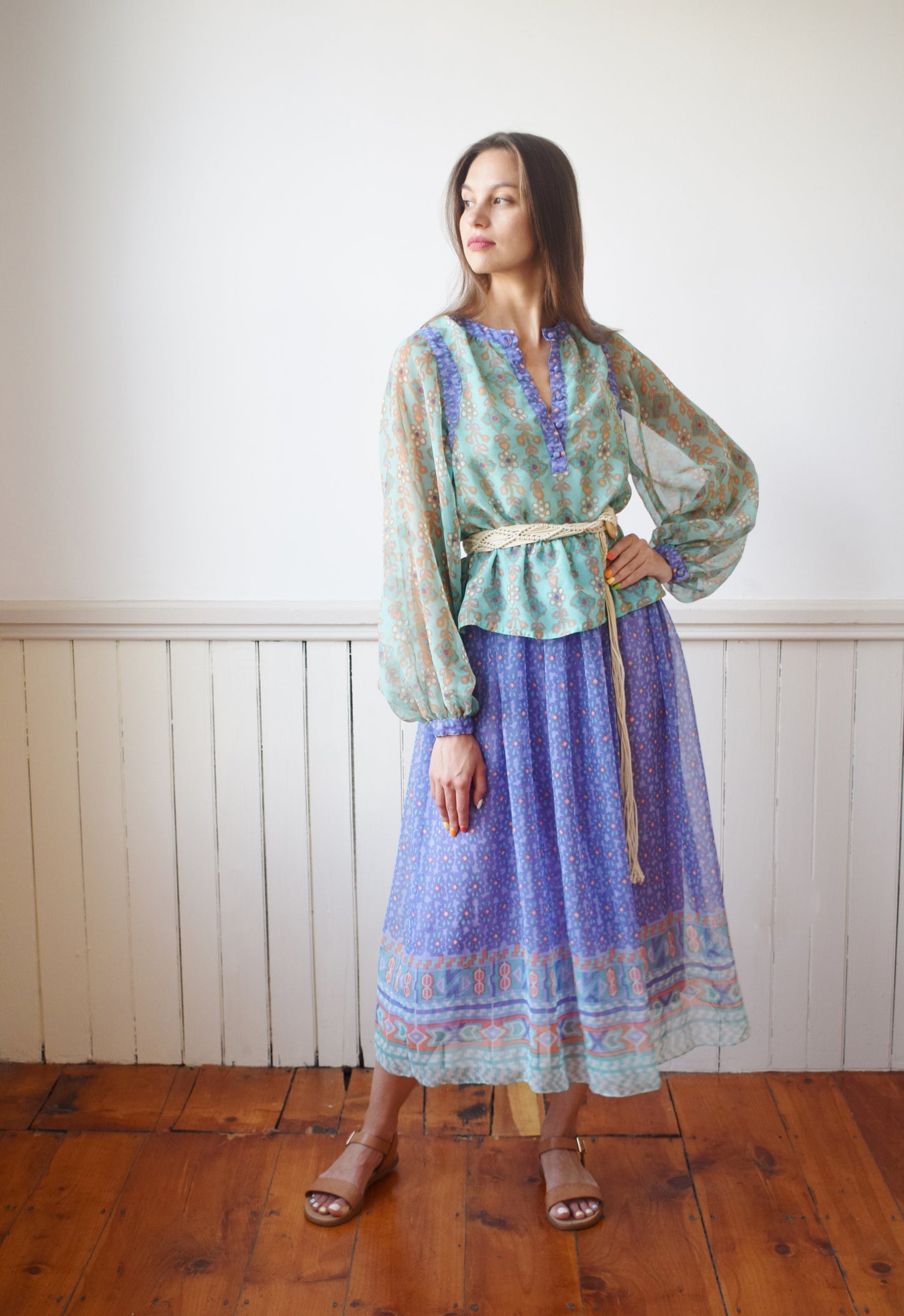 1970s Chiffon Peasant Dress Set | S