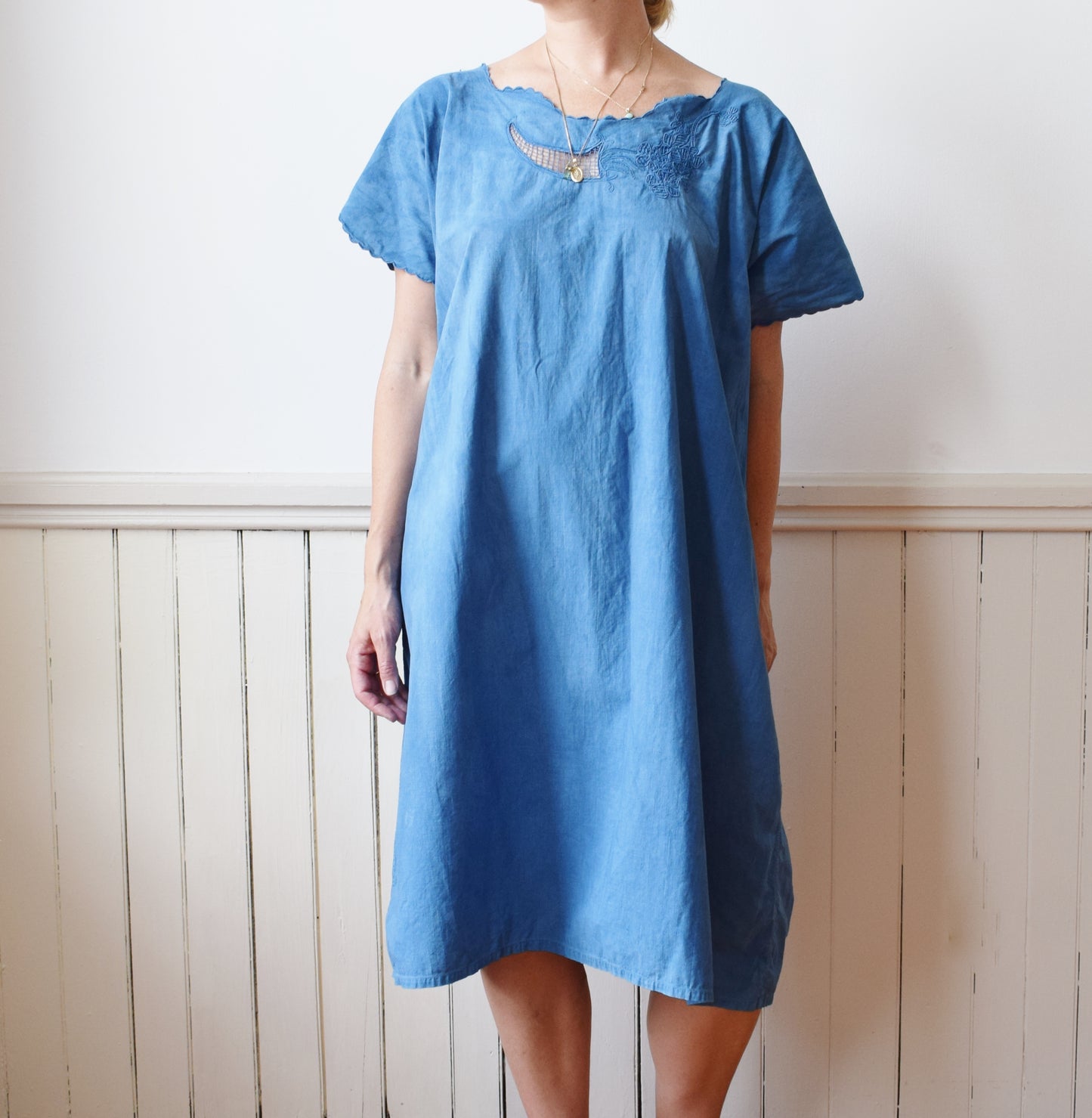 Antique Cotton Dress Dip Dyed in Natural Indigo | XL