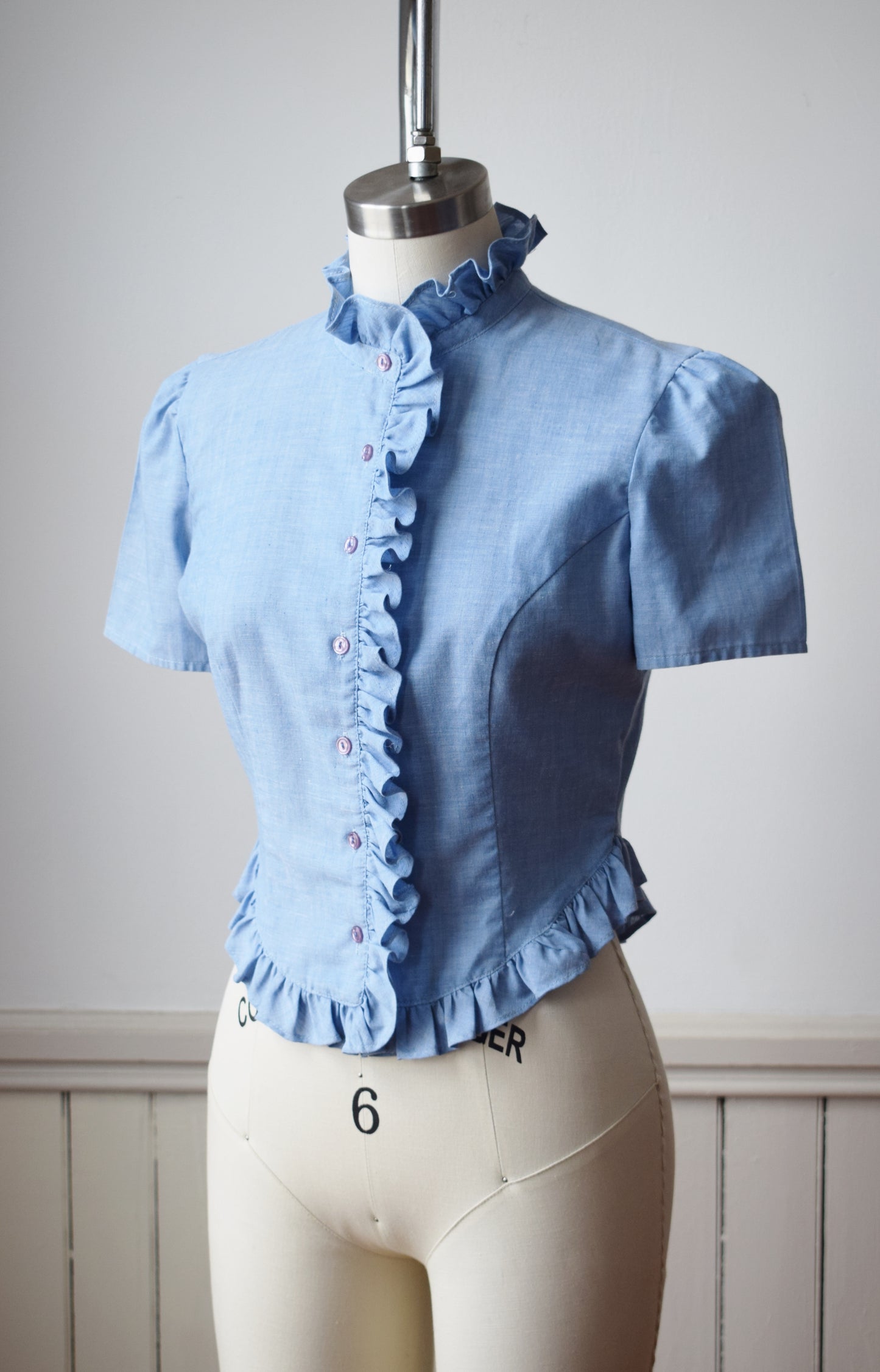 1970s Chambray Ruffle Blouse | XS/S