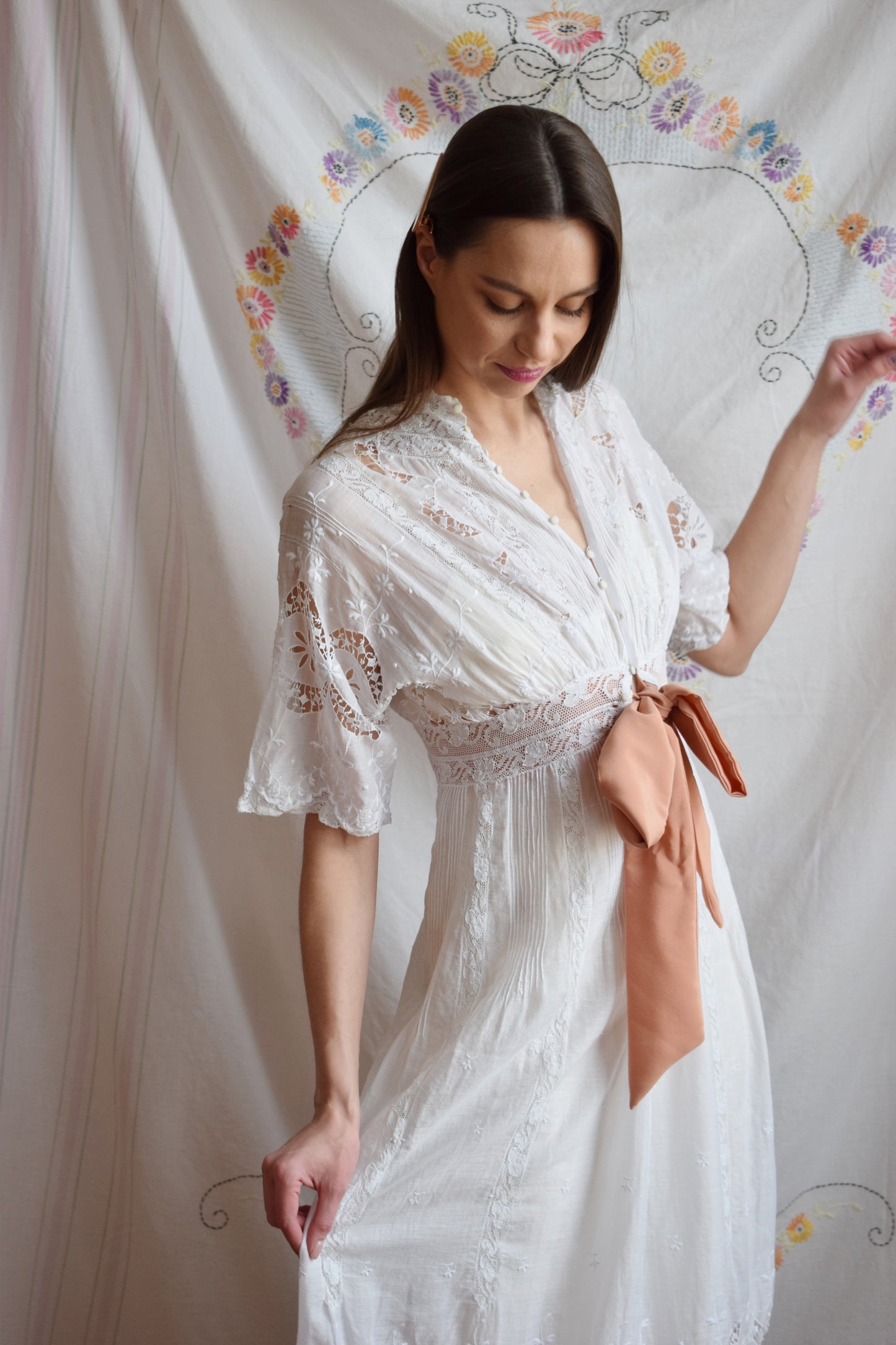 Edwardian Lawn Dress with Crescent Moon Lace and Sash | XS