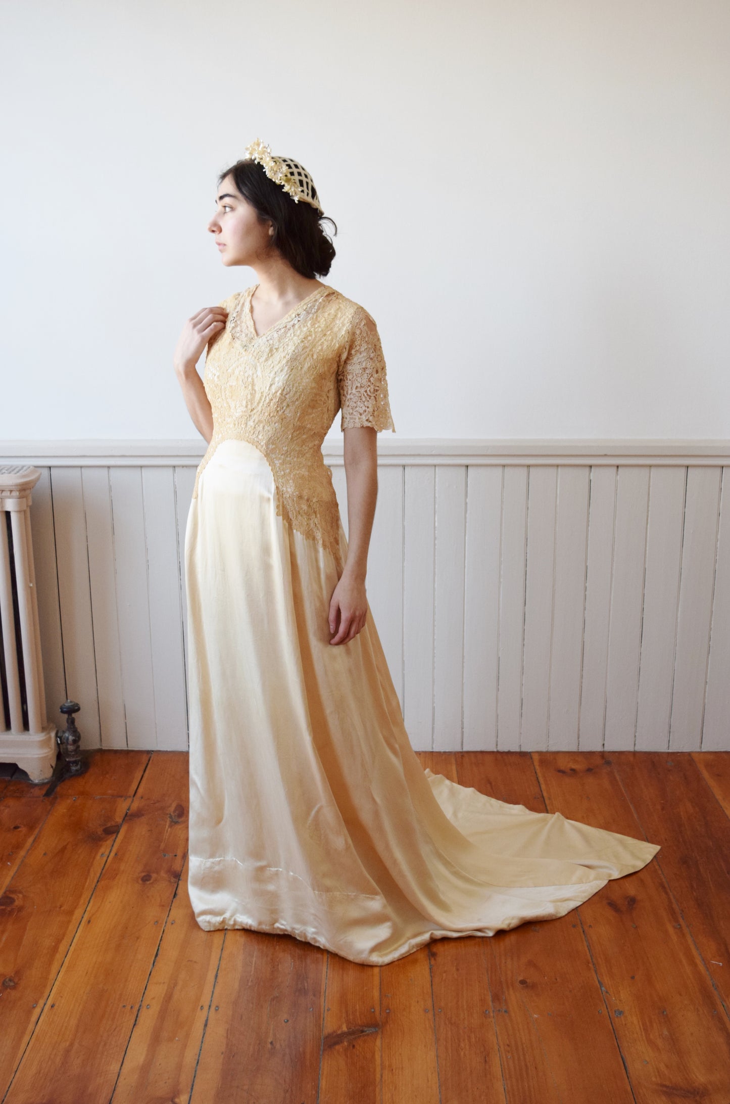 Antique Silk Satin and Lace Edwardian Wedding Gown | 1910s | XS