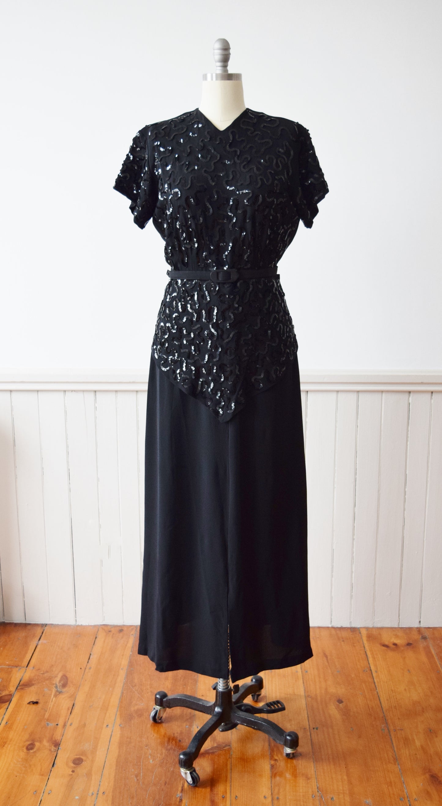 1940s Sequined Black Rayon Gown | M-L