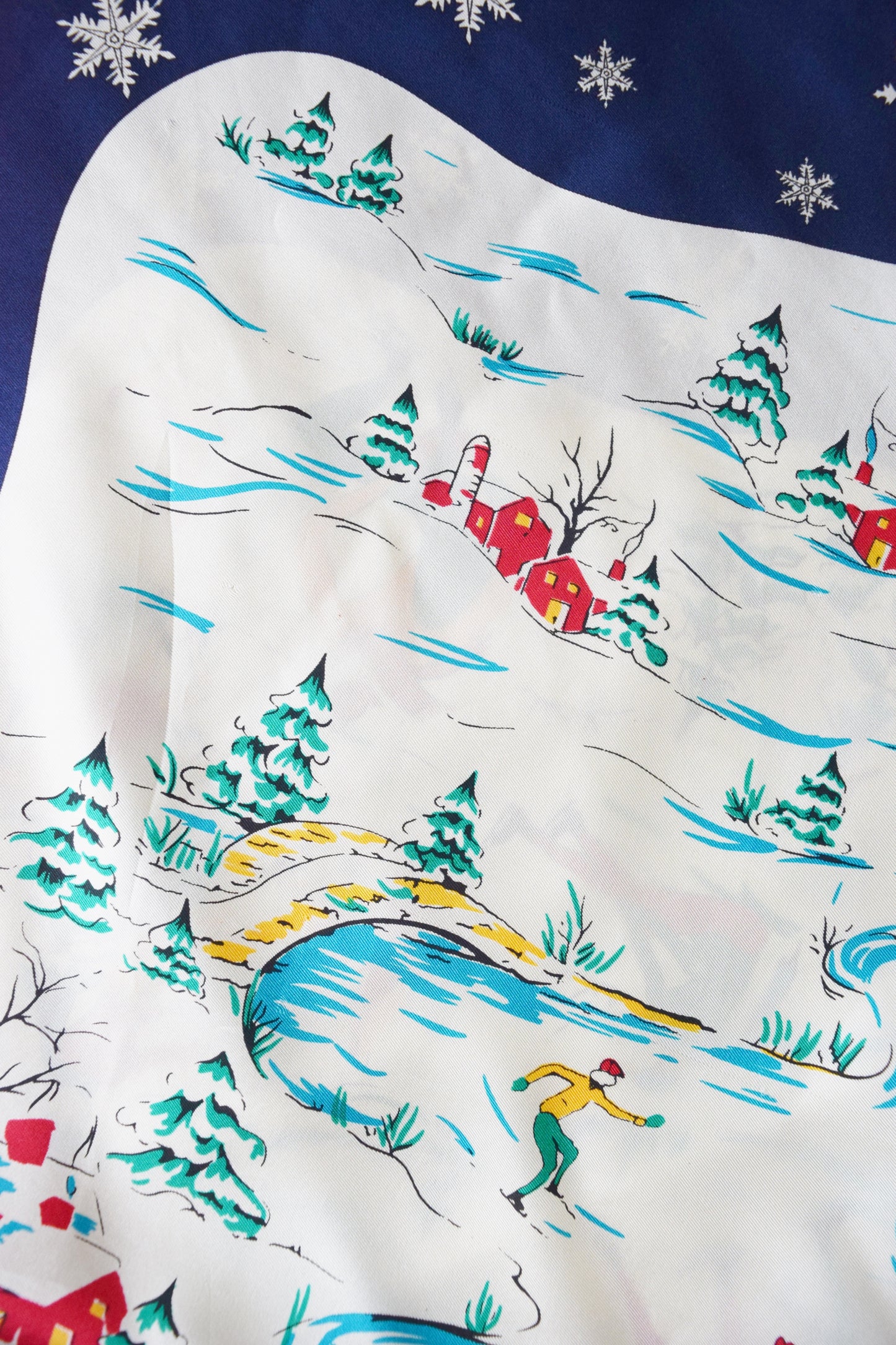 1940s Ice Skating Scene Silk Scarf | Vintage Novelty Print Winter Scarf