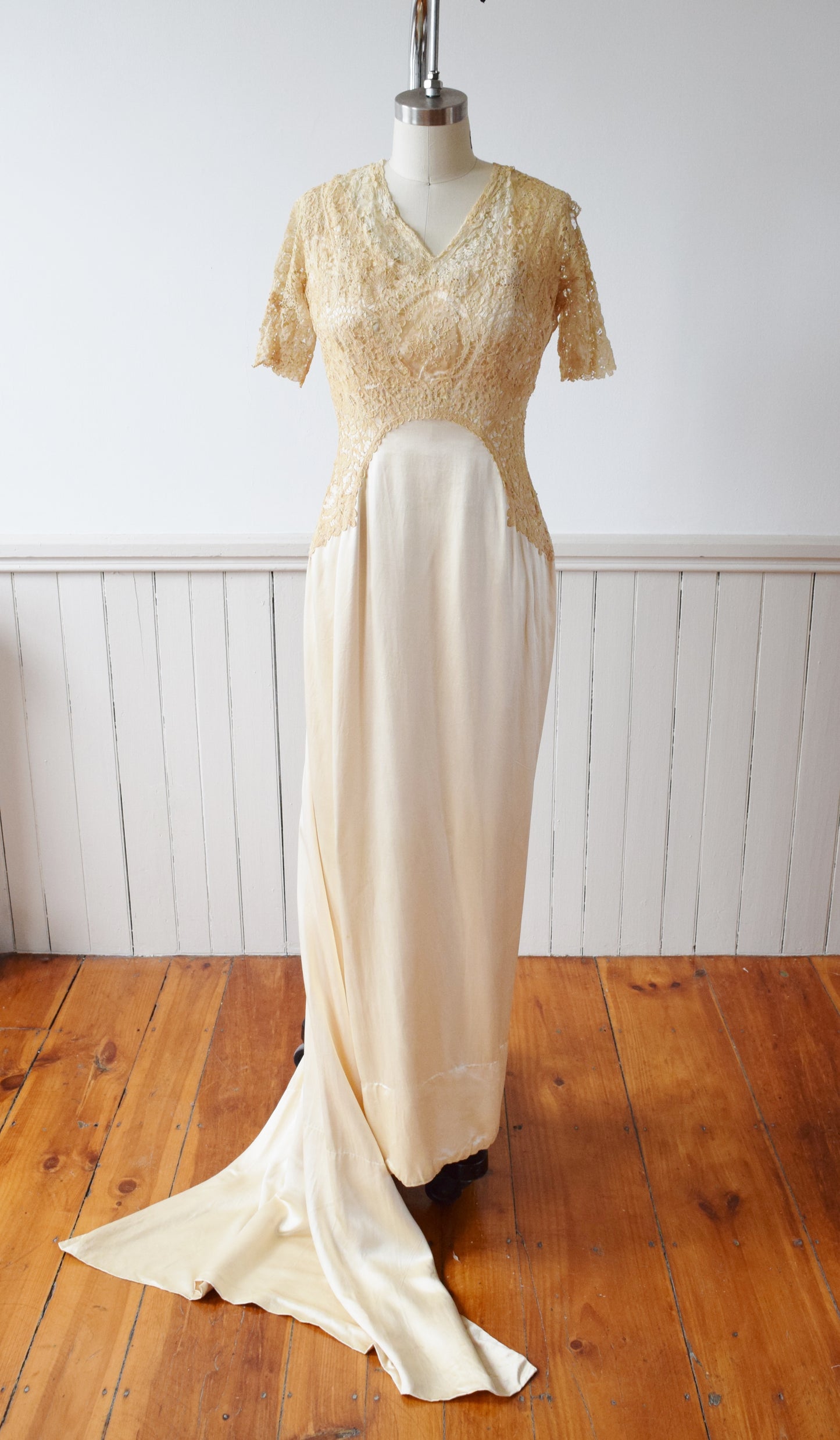 Antique Silk Satin and Lace Edwardian Wedding Gown | 1910s | XS
