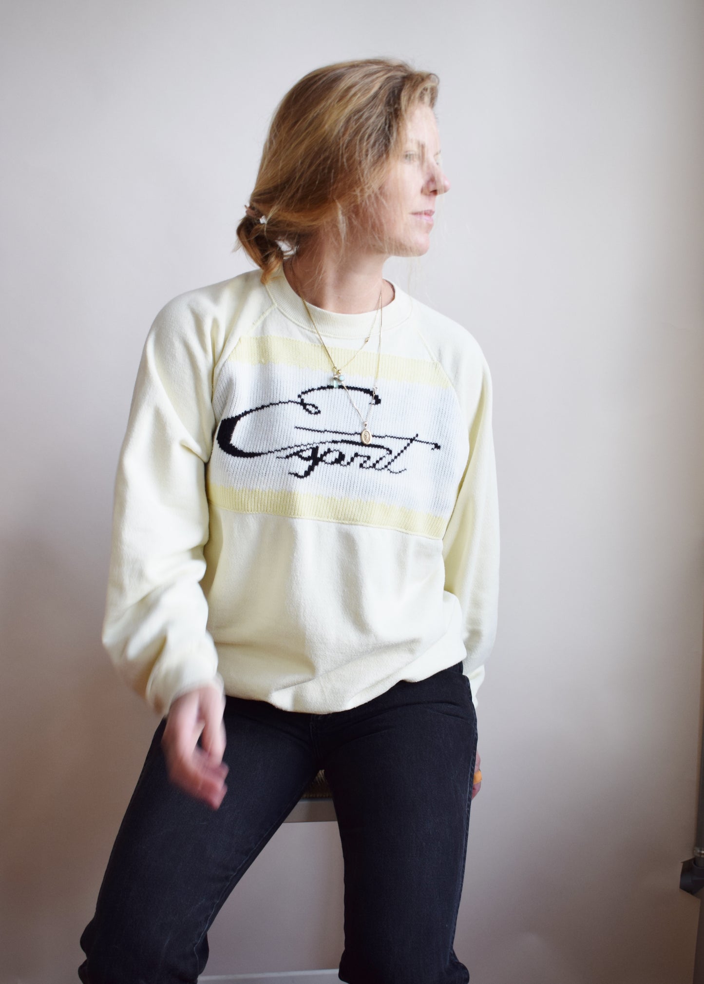 1980s Butter Yellow Bootleg Esprit Knitted Logo Raglan | L/XL