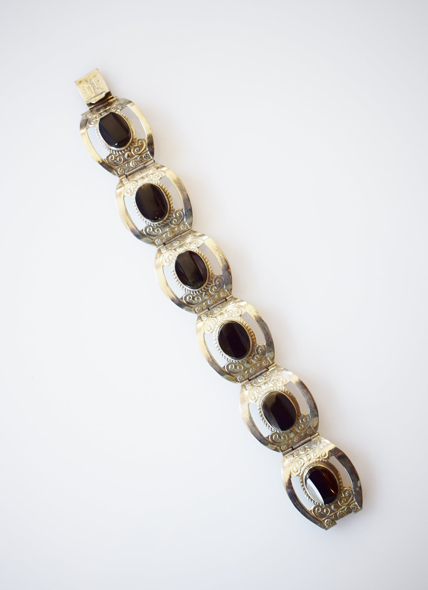Vintage Mexican Sterling and Obsidian Bracelet