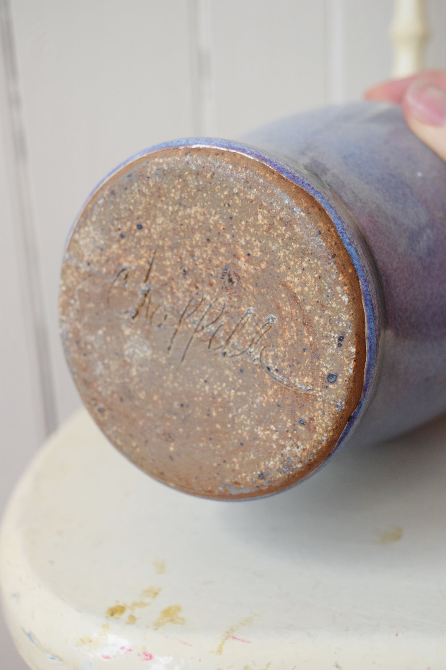 Glazed Stoneware Vase with Floral Design | Artist Signed