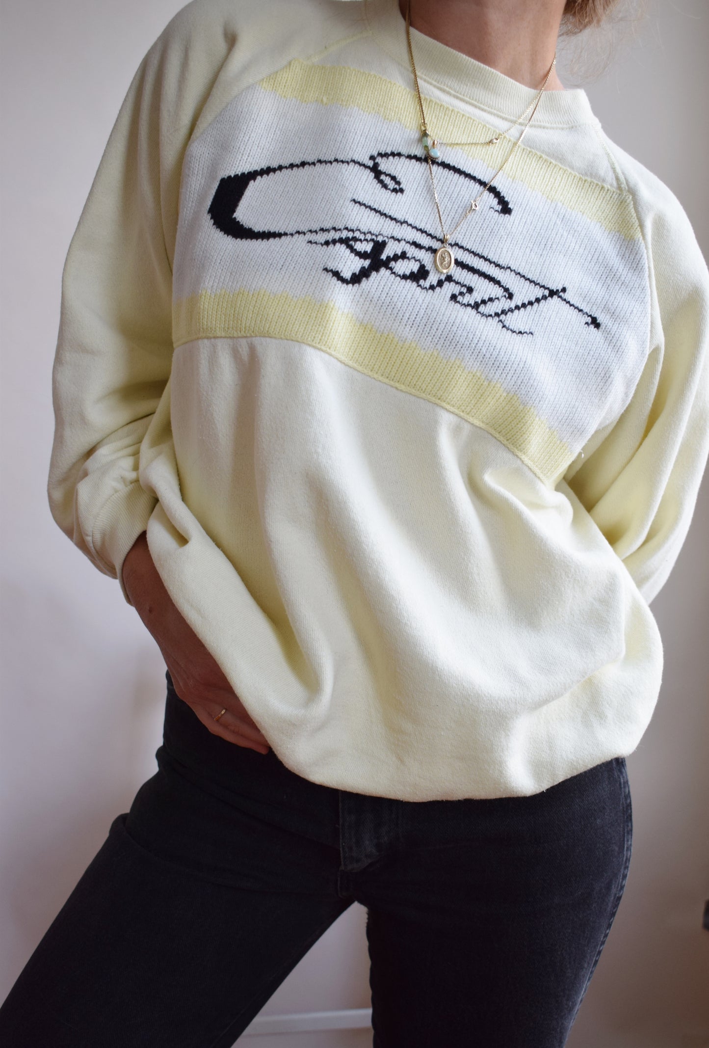 1980s Butter Yellow Bootleg Esprit Knitted Logo Raglan | L/XL
