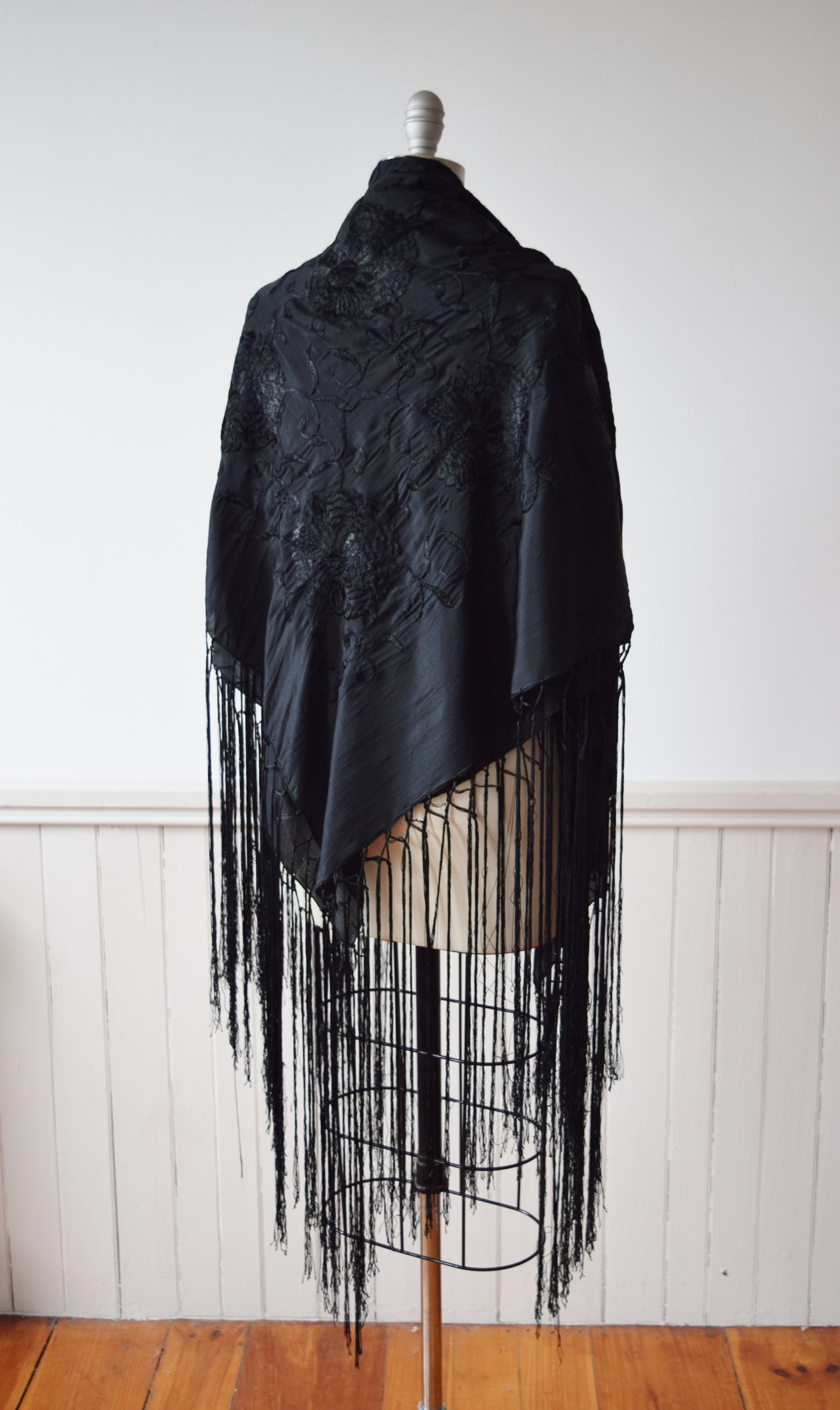 Antique Embroidered Black Silk Piano Shawl