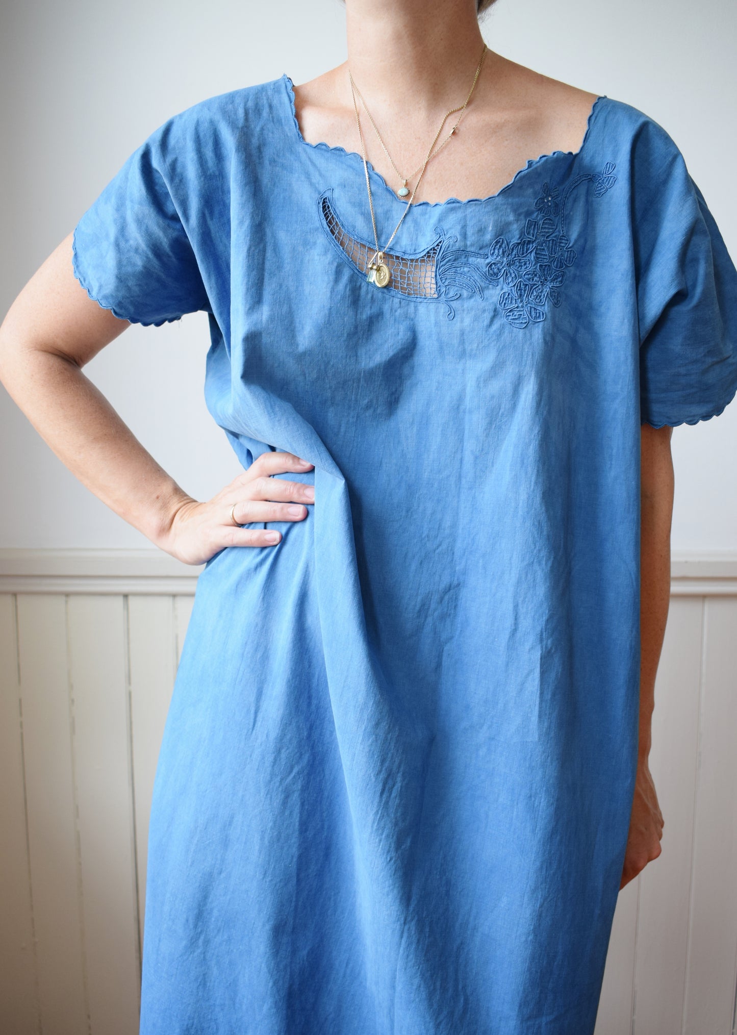 Antique Cotton Dress Dip Dyed in Natural Indigo | XL