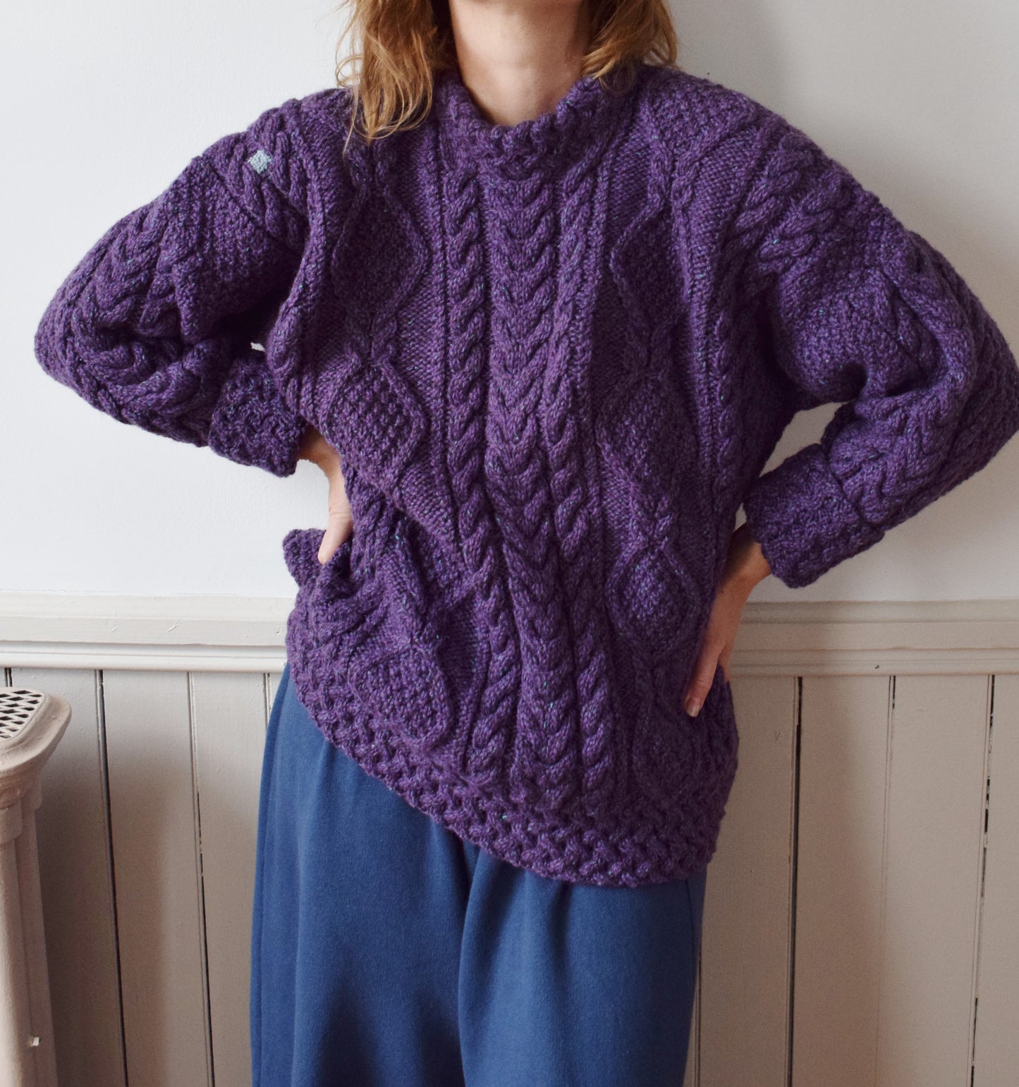 Vintage Irish Wool Cableknit in Plum | Hand Darned | M-L