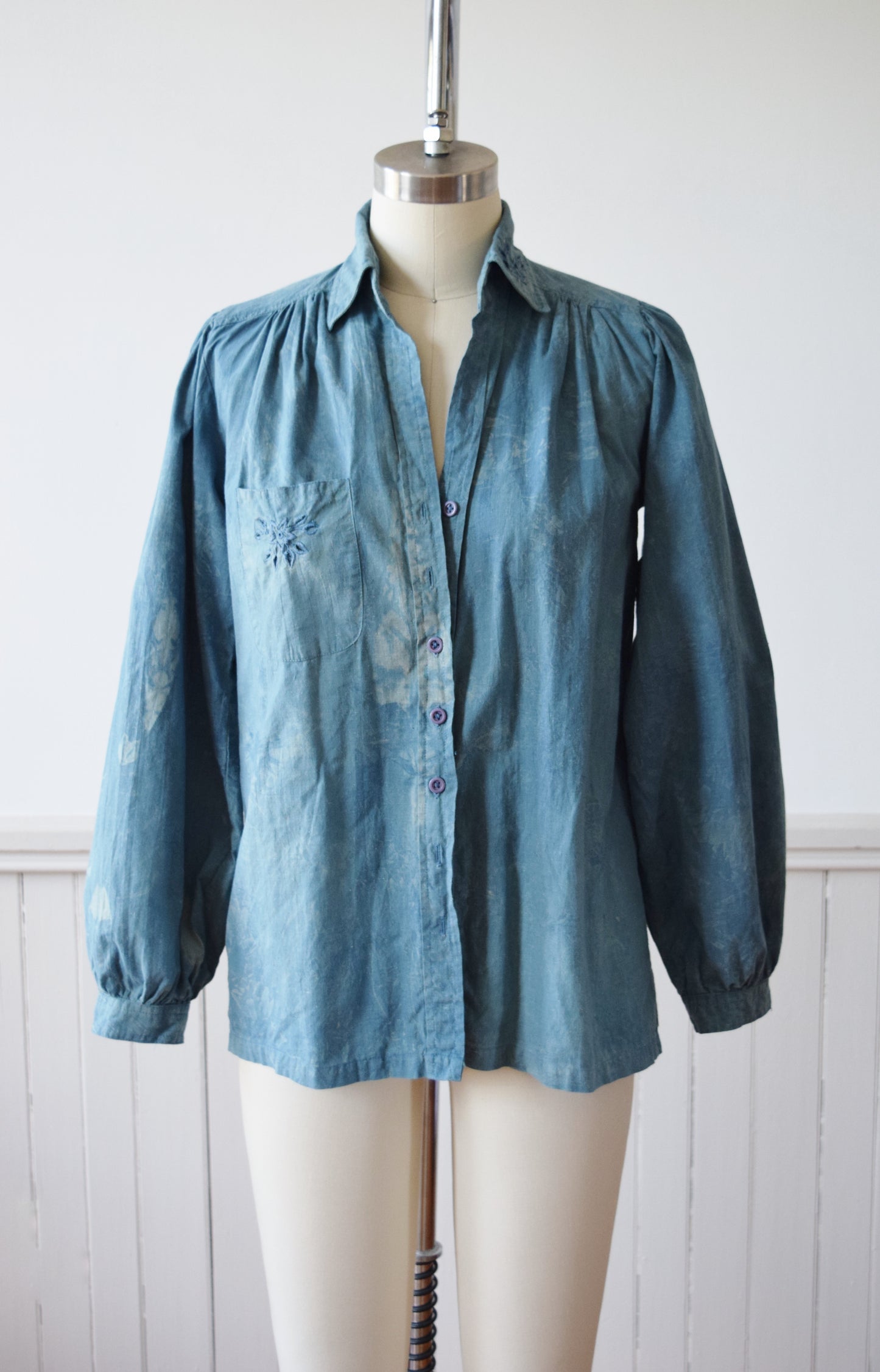Indigo Over-Dyed Puff Sleeve Top | 1970s | S/M