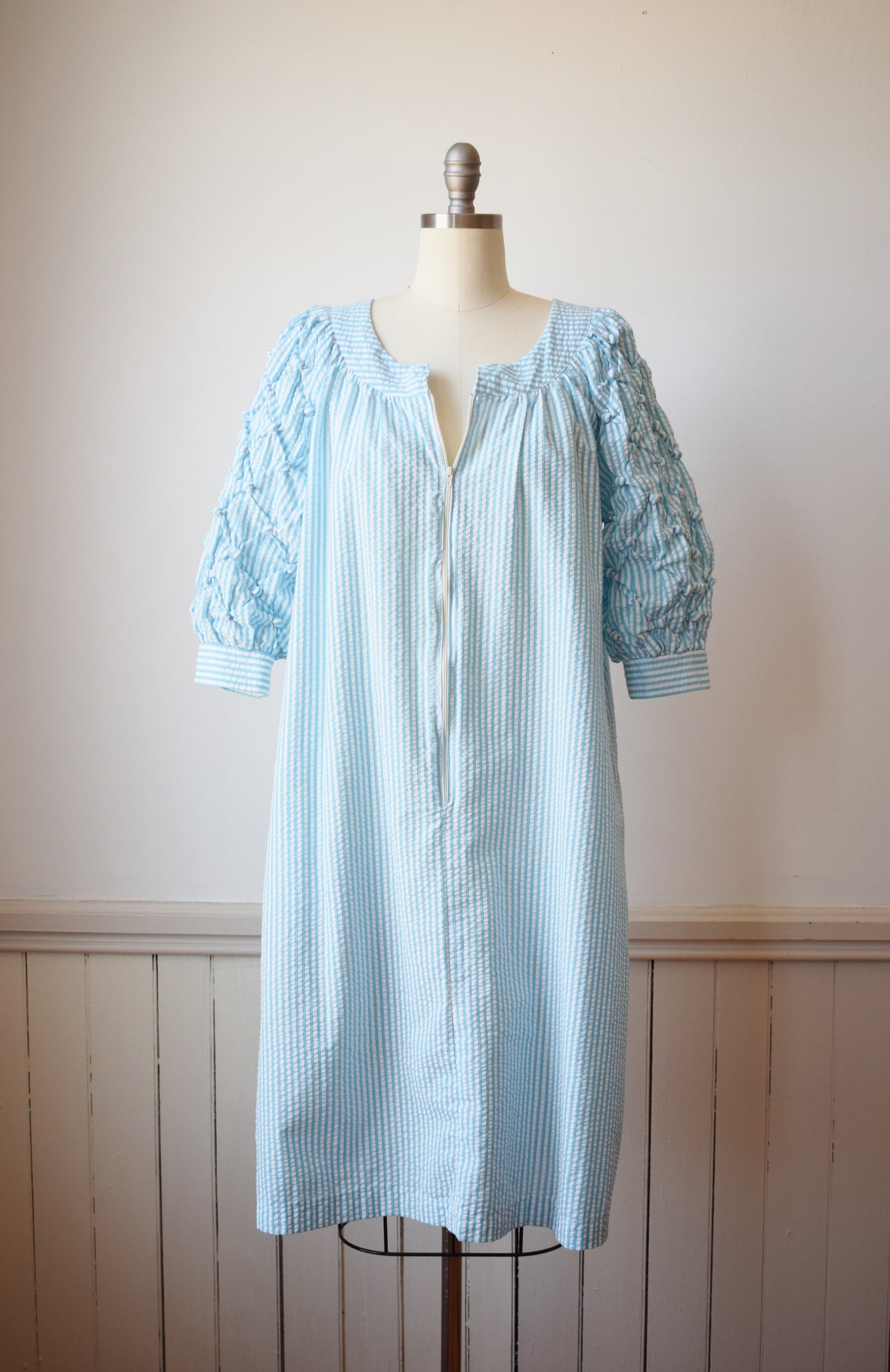 1980s Puffy Sleeve Seersucker Dress | M