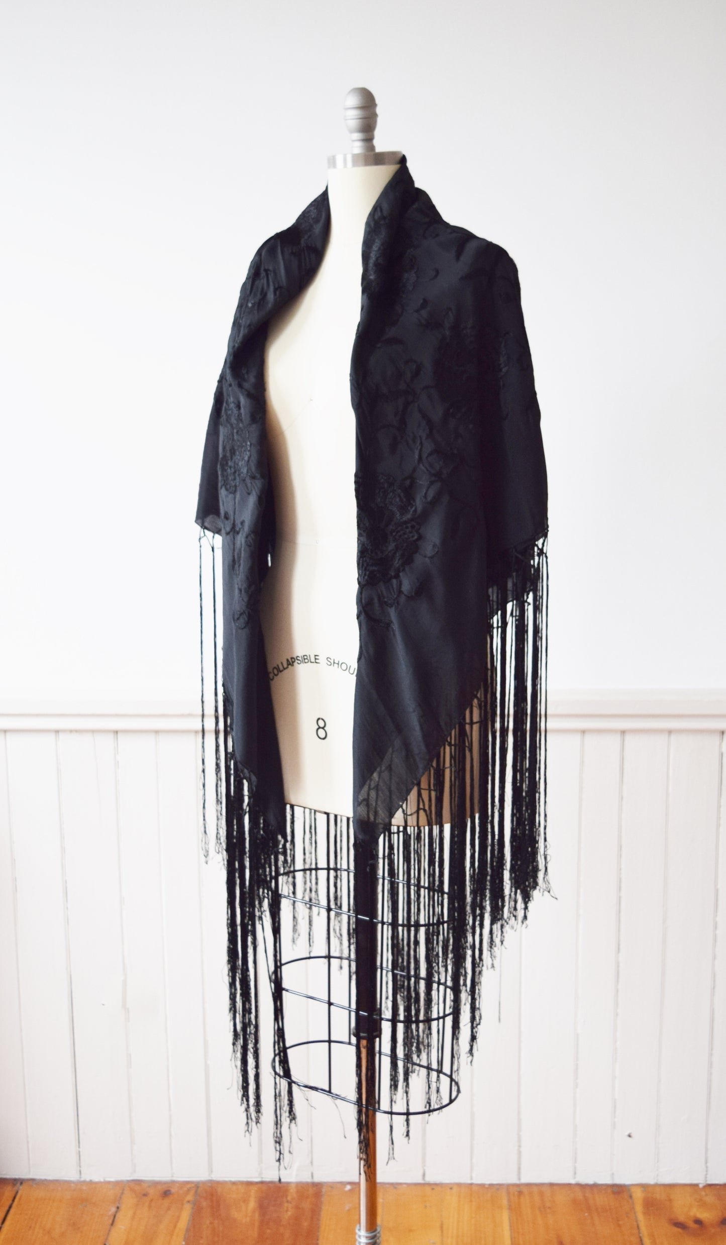 Antique Embroidered Black Silk Piano Shawl