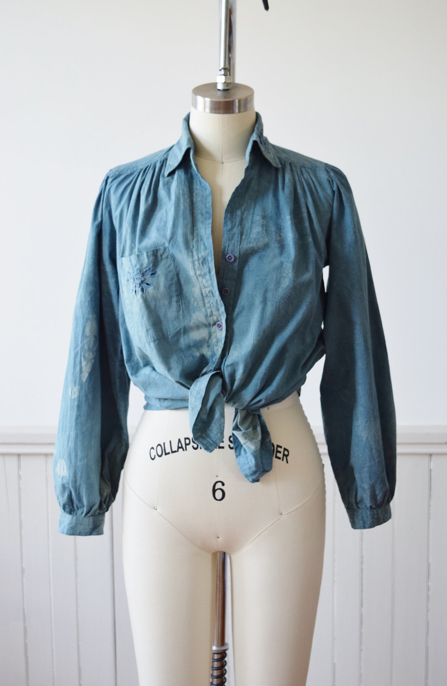 Indigo Over-Dyed Puff Sleeve Top | 1970s | S/M