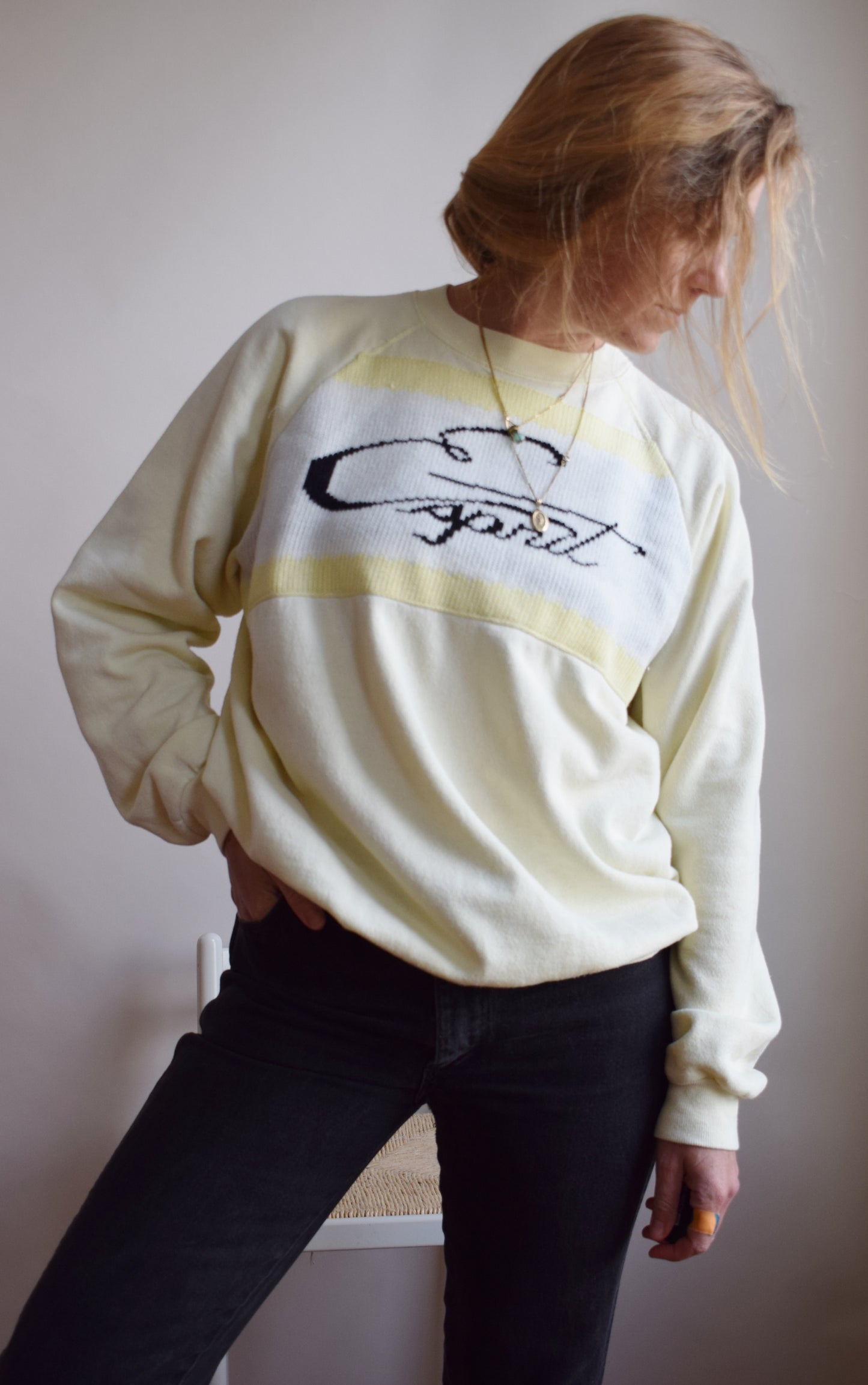 1980s Butter Yellow Bootleg Esprit Knitted Logo Raglan | L/XL