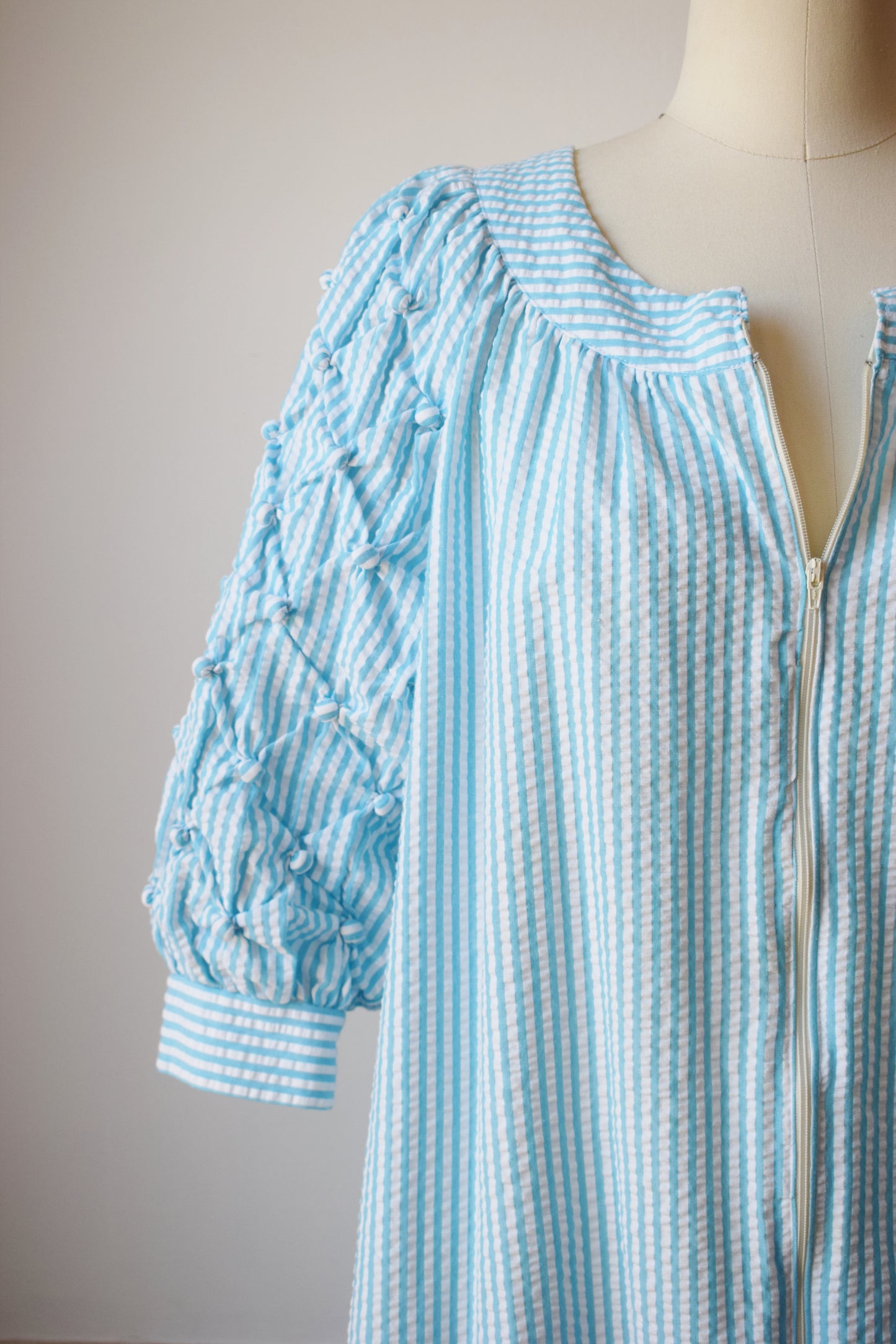 1980s Puffy Sleeve Seersucker Dress | M