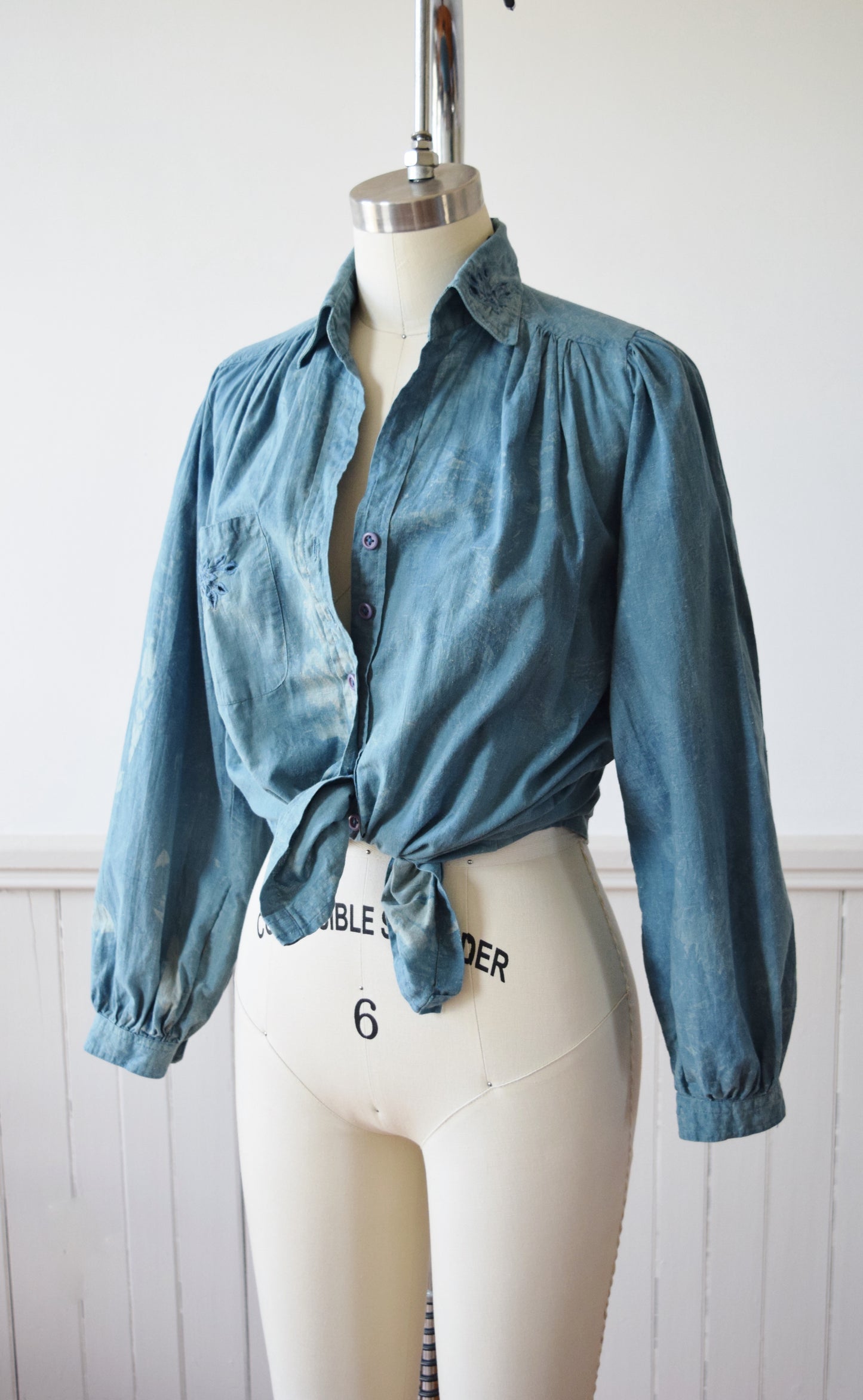 Indigo Over-Dyed Puff Sleeve Top | 1970s | S/M