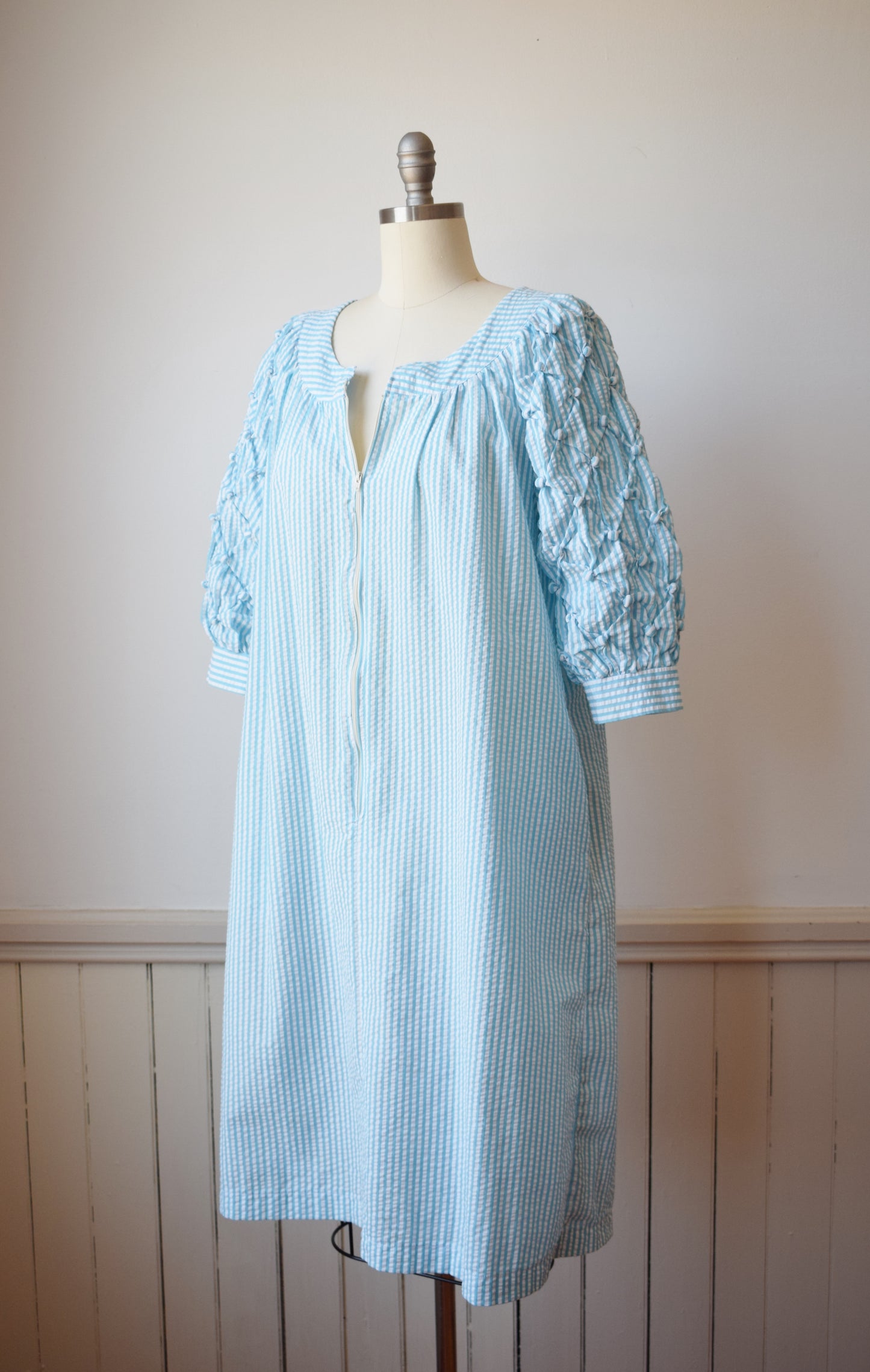 1980s Puffy Sleeve Seersucker Dress | M