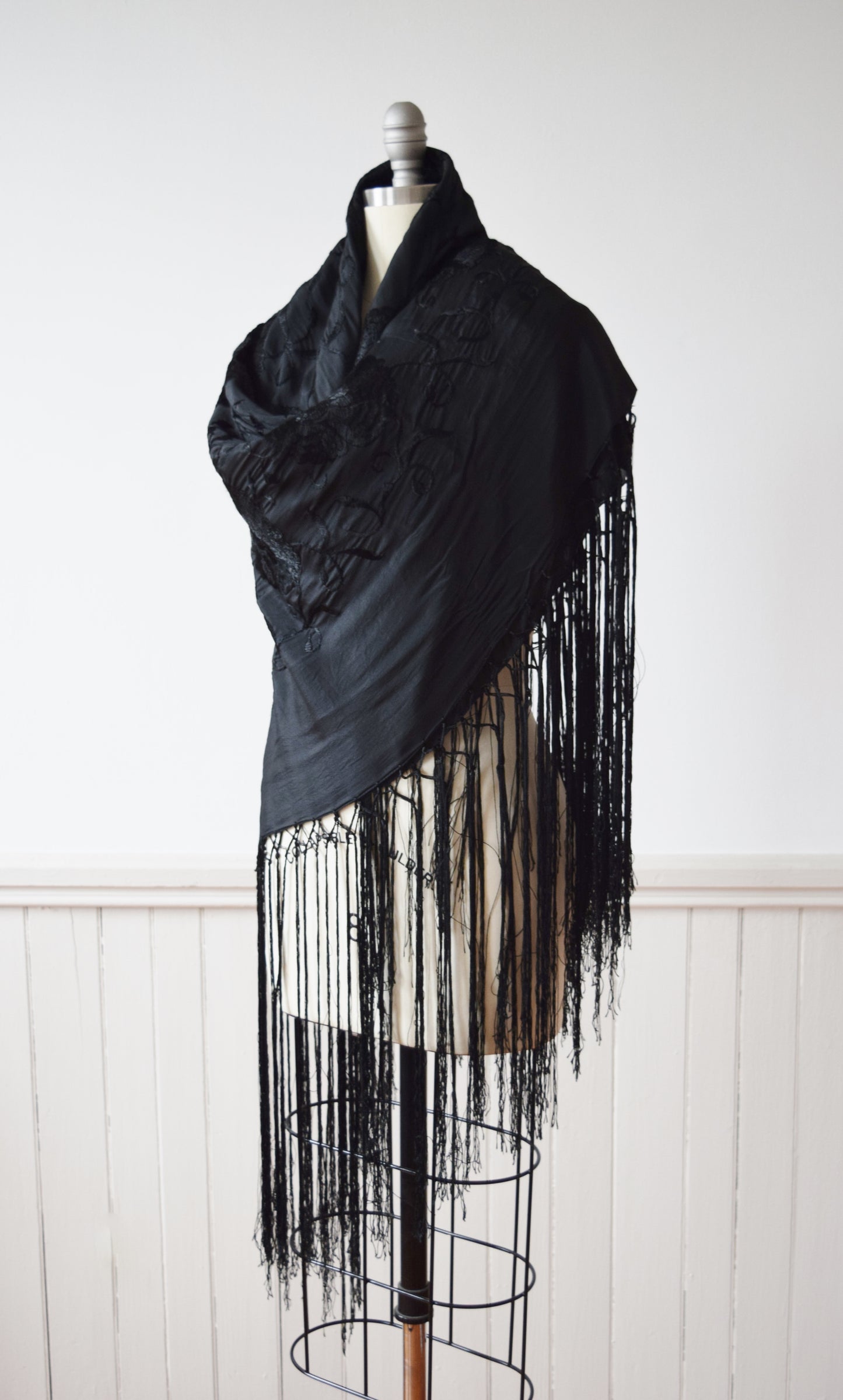 Antique Embroidered Black Silk Piano Shawl