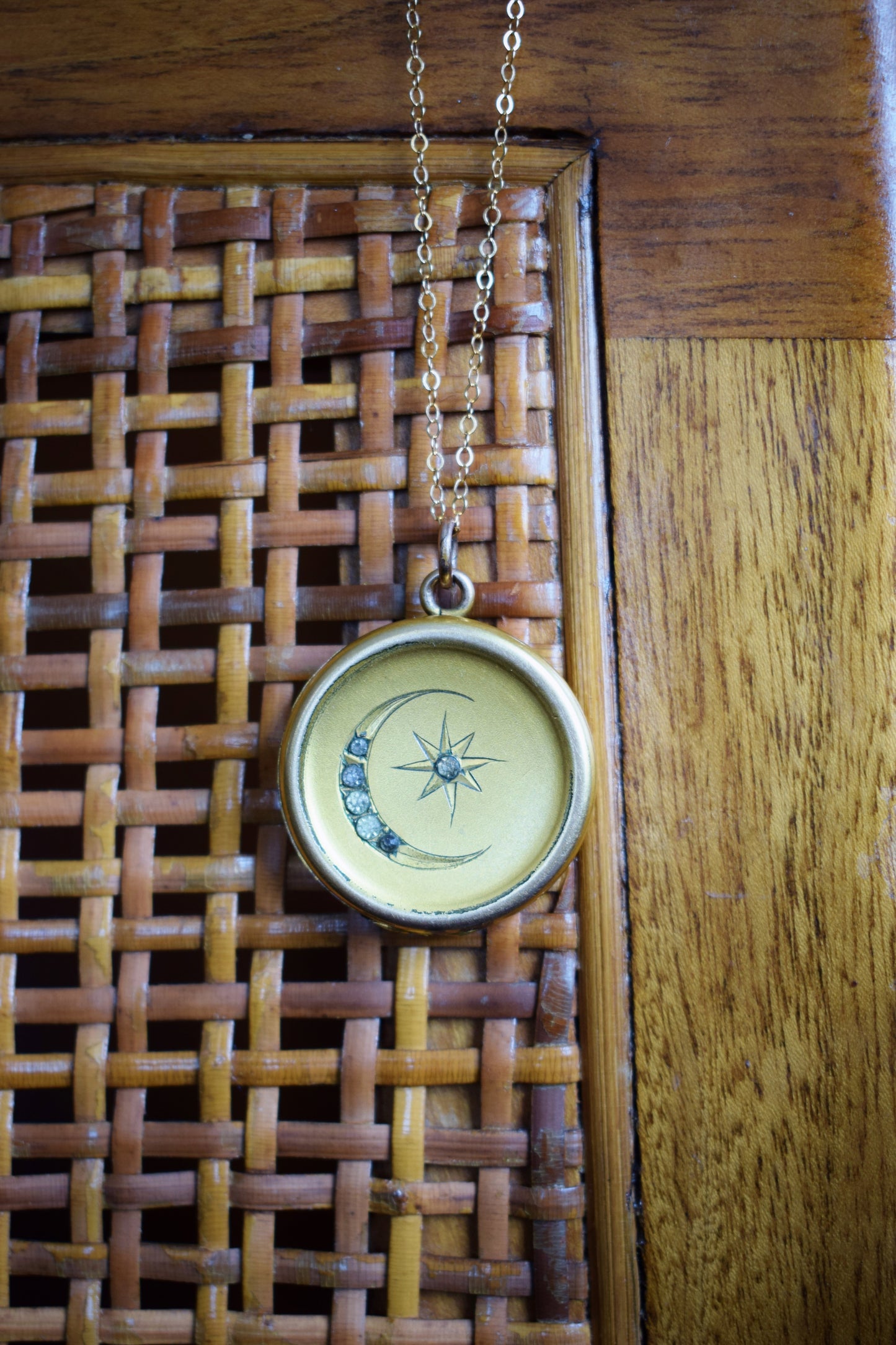 Antique Crescent Moon & Star Gold Photo Locket