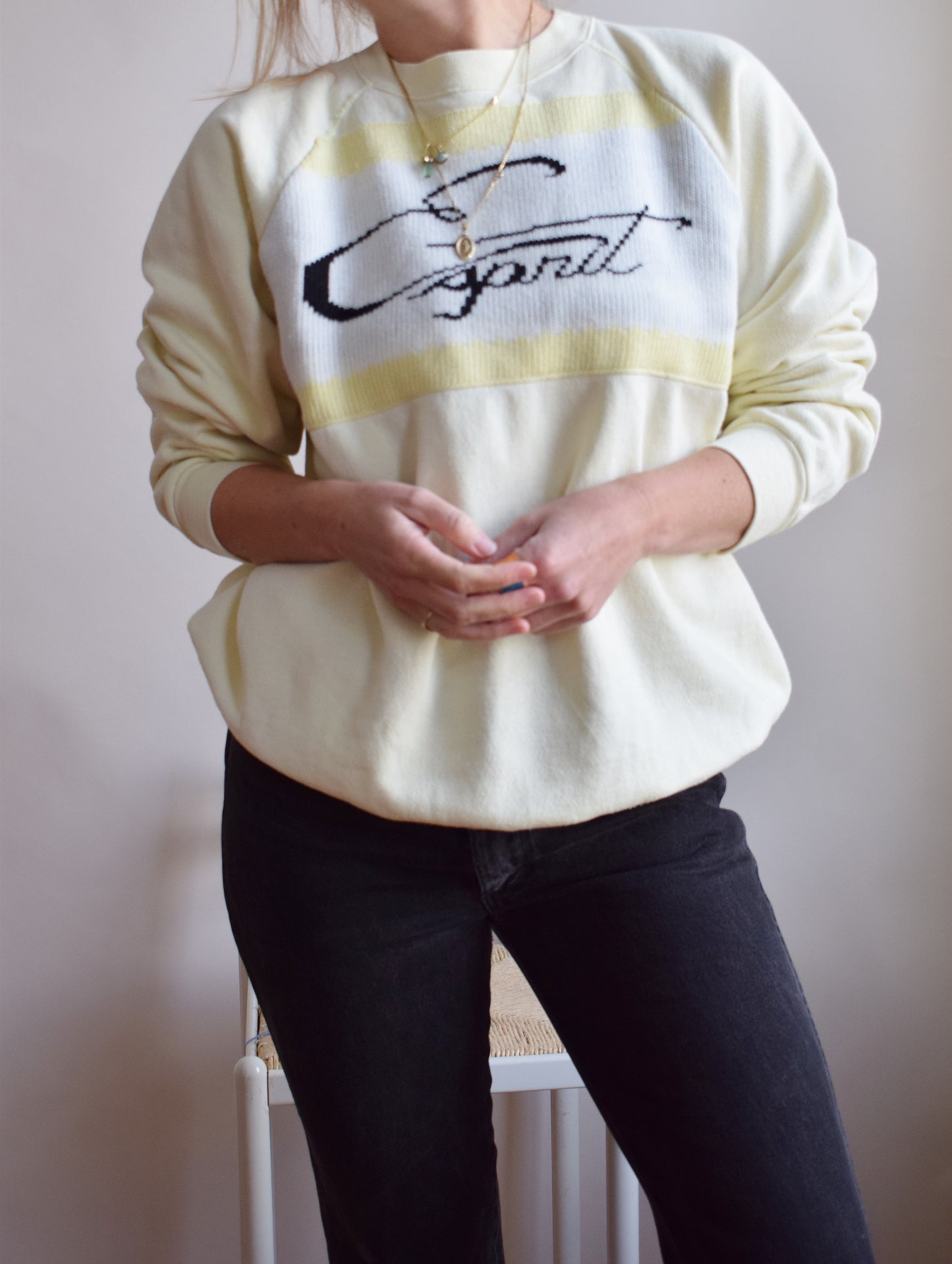1980s Butter Yellow Bootleg Esprit Knitted Logo Raglan | L/XL