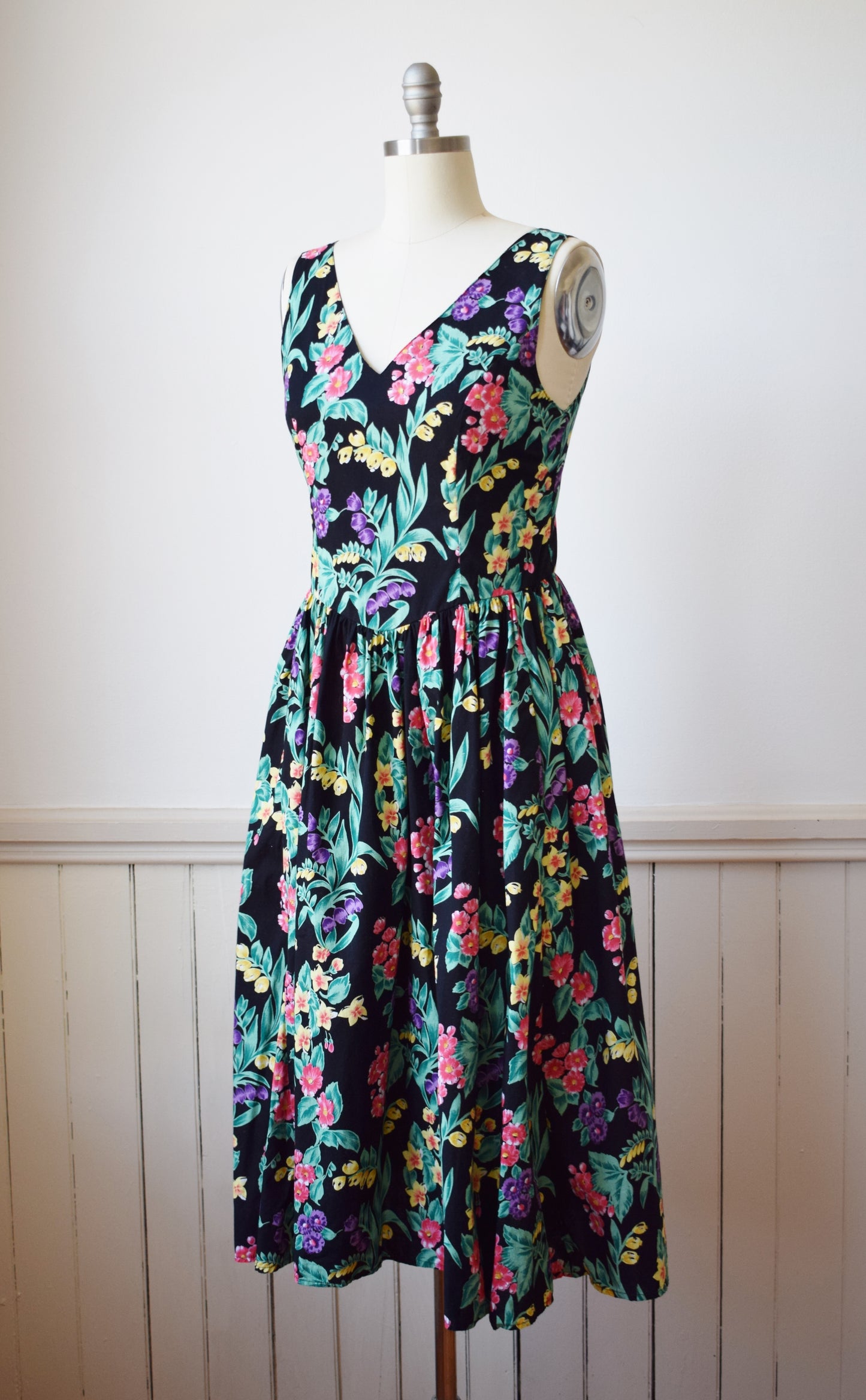 1980s Dark Floral Cotton Sundress | M