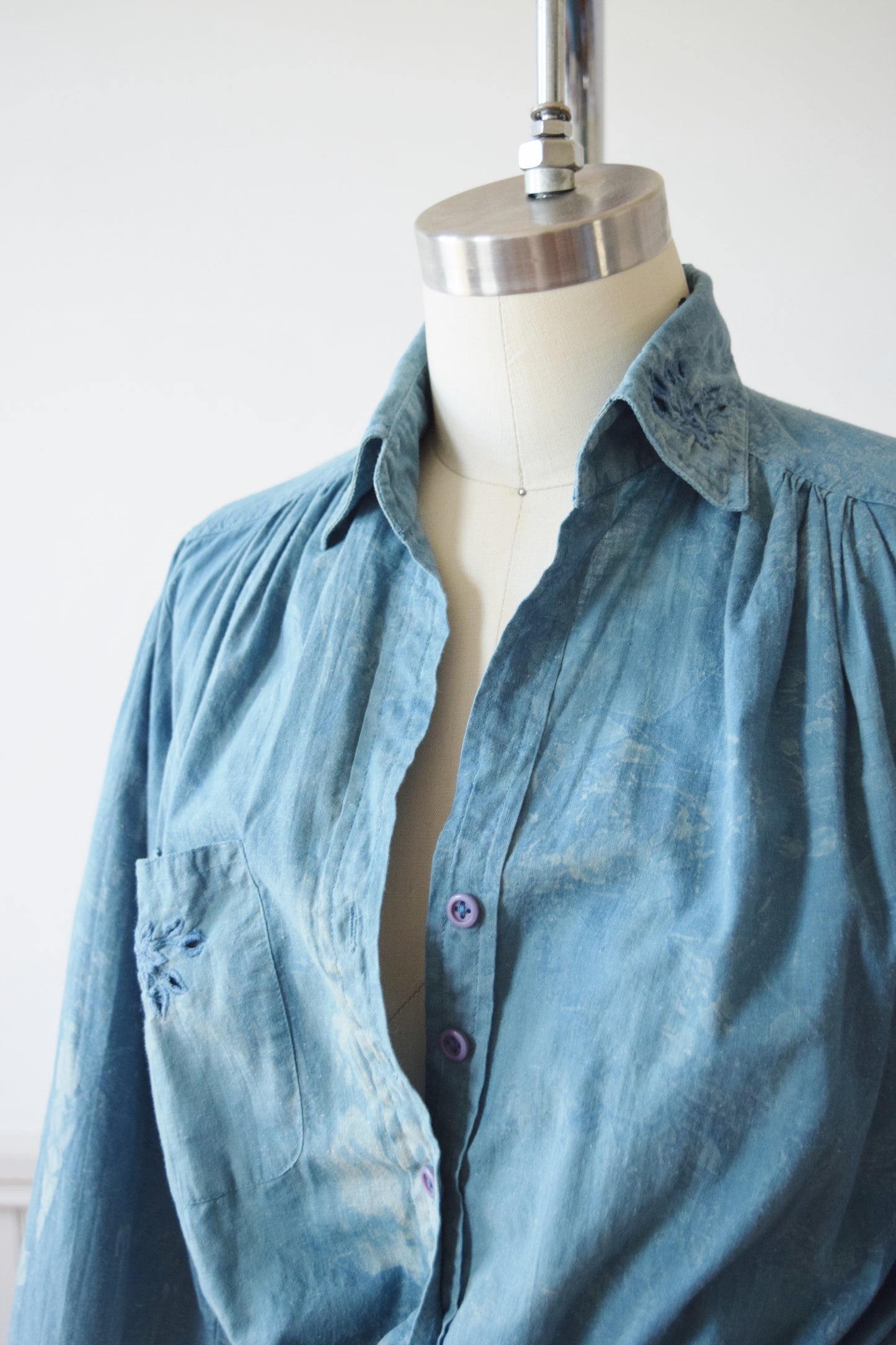 Indigo Over-Dyed Puff Sleeve Top | 1970s | S/M