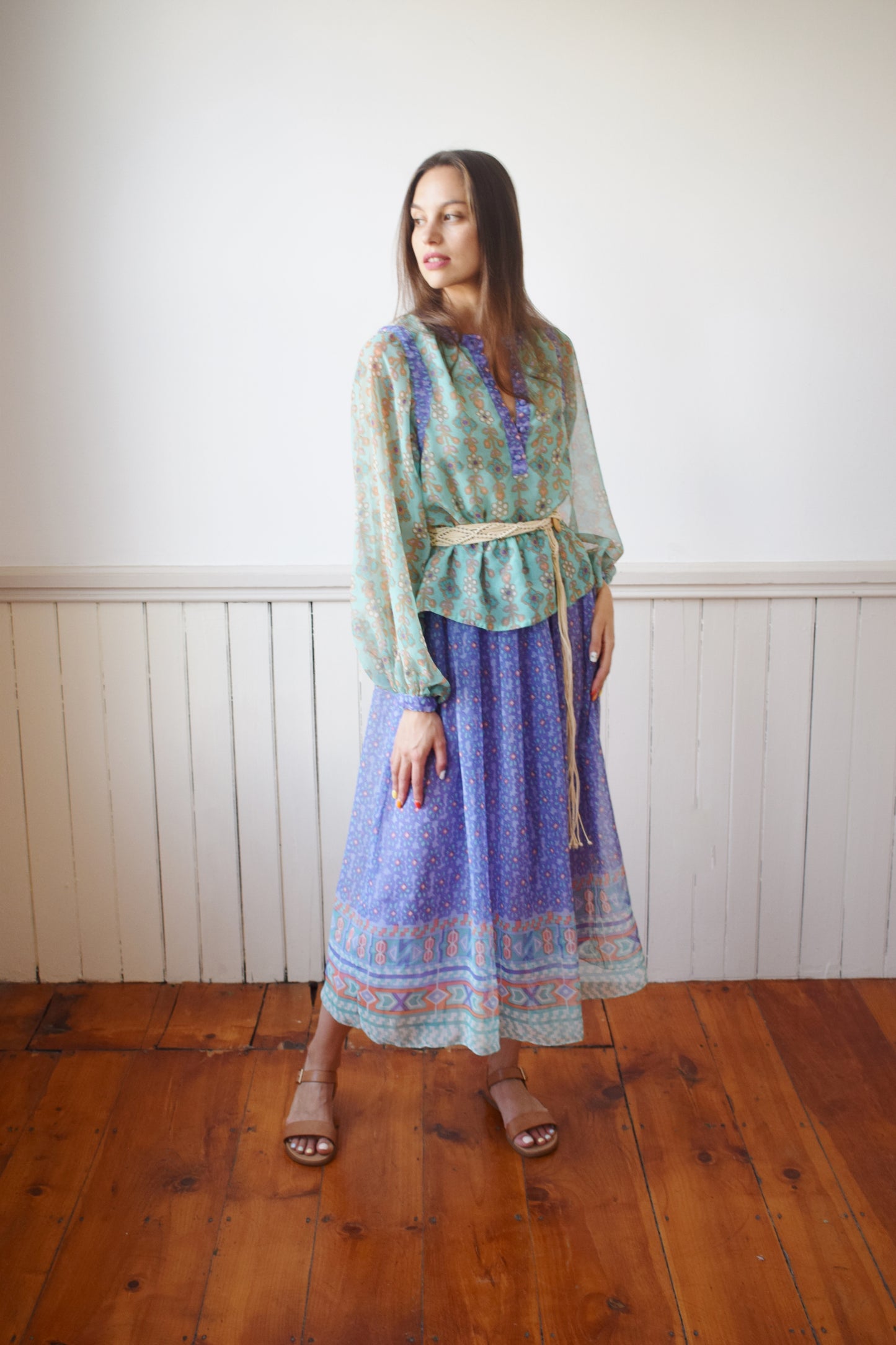 1970s Chiffon Peasant Dress Set | S