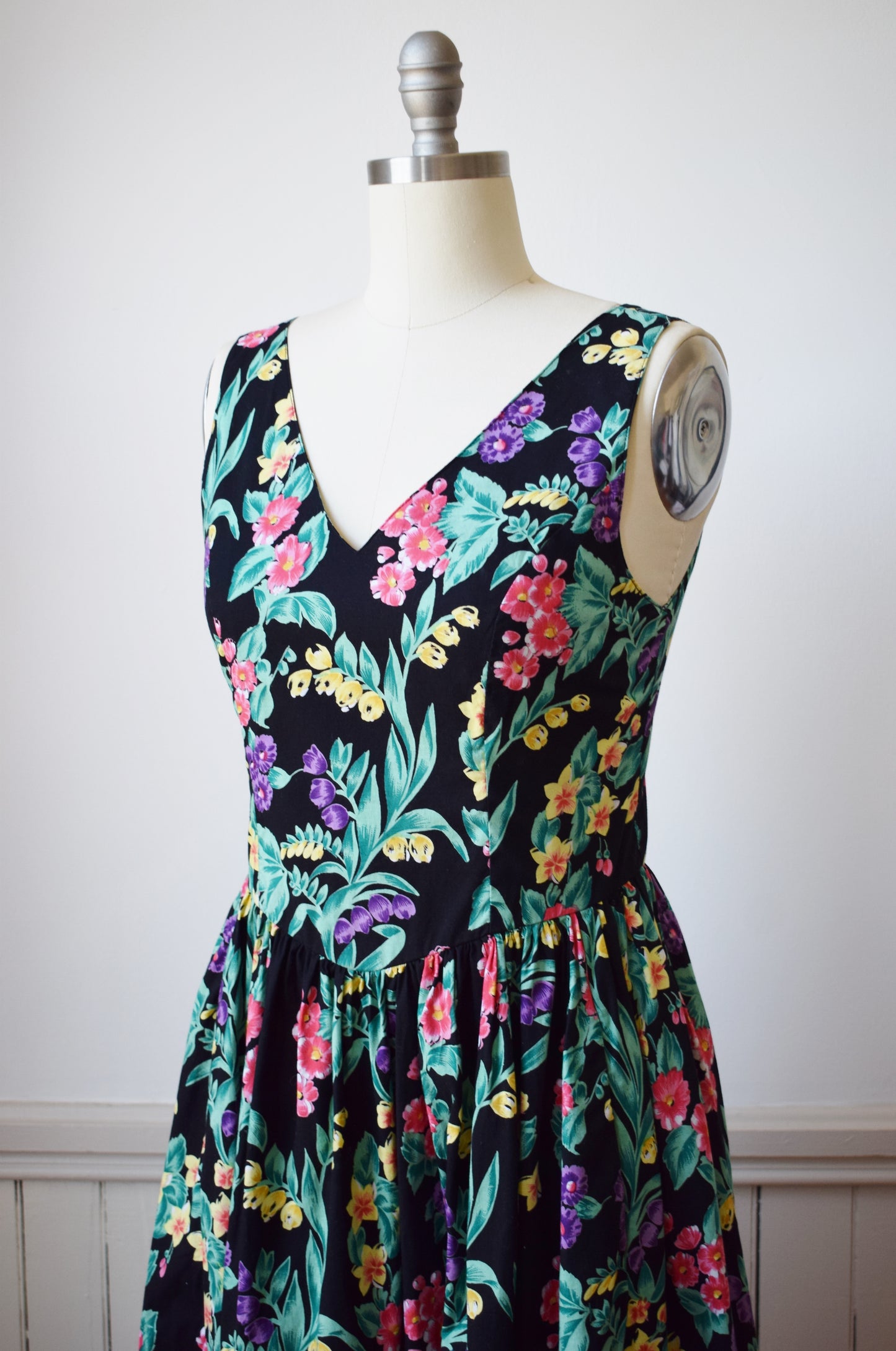 1980s Dark Floral Cotton Sundress | M