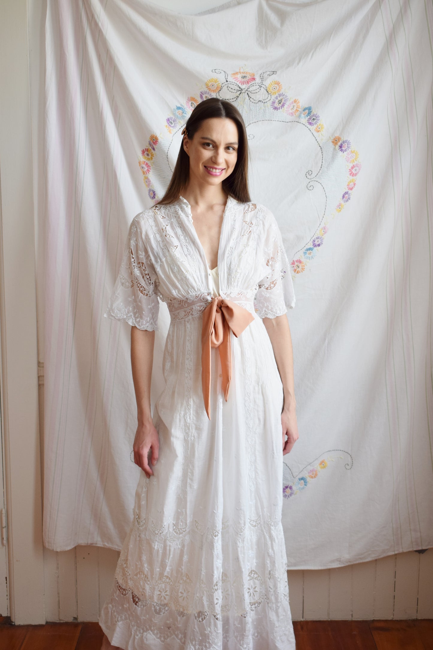 Edwardian Lawn Dress with Crescent Moon Lace and Sash | XS