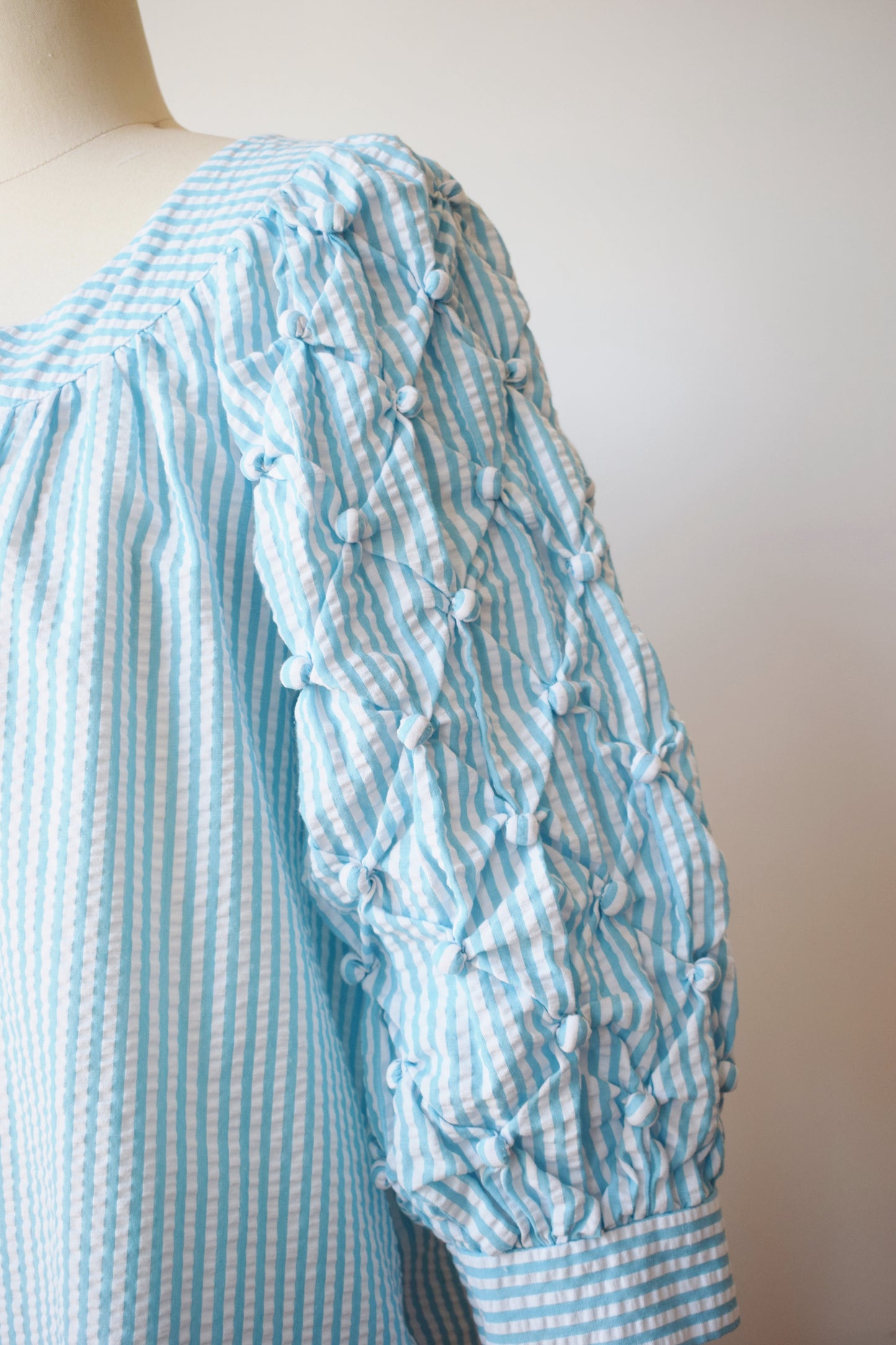 1980s Puffy Sleeve Seersucker Dress | M