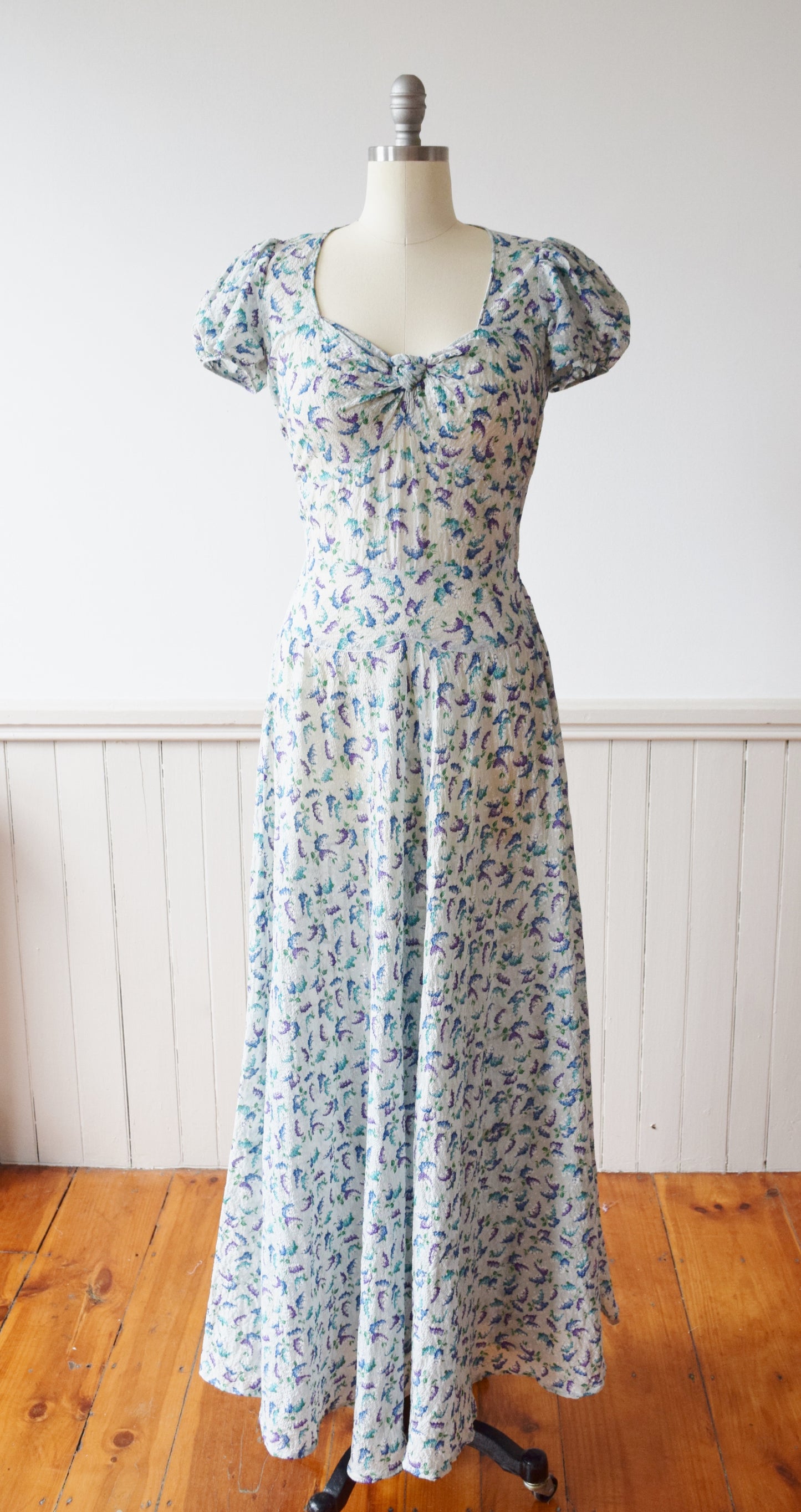 Lilac Print Seersucker Gown | 1940s | M