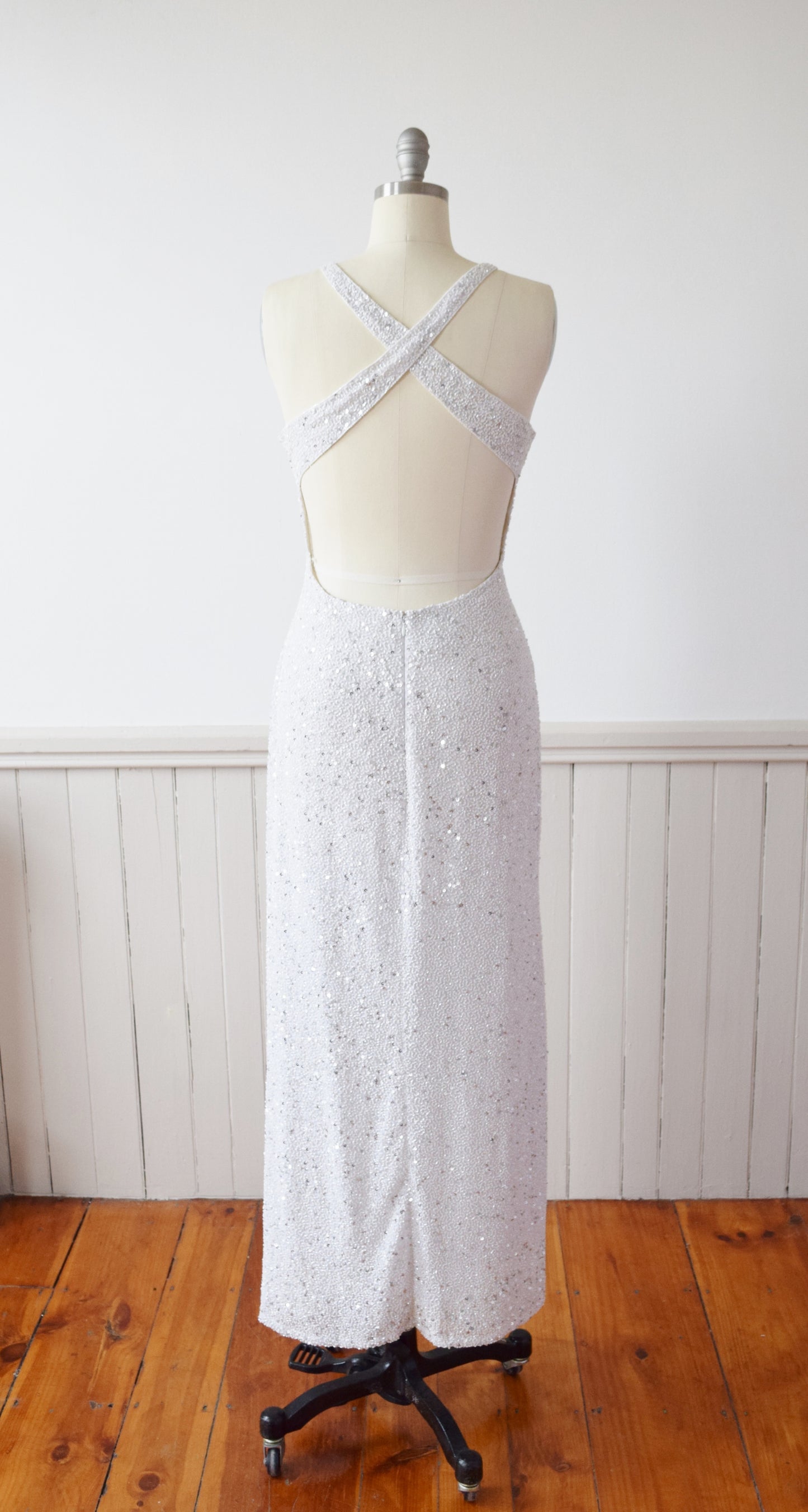 Fully Beaded Backless Silk Column Gown | 1990s | M/L