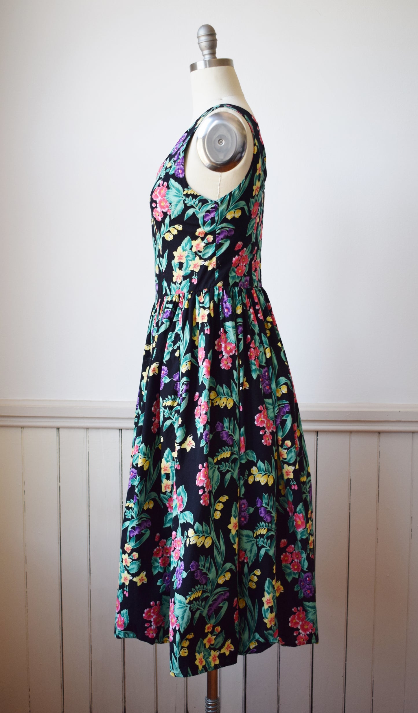 1980s Dark Floral Cotton Sundress | M