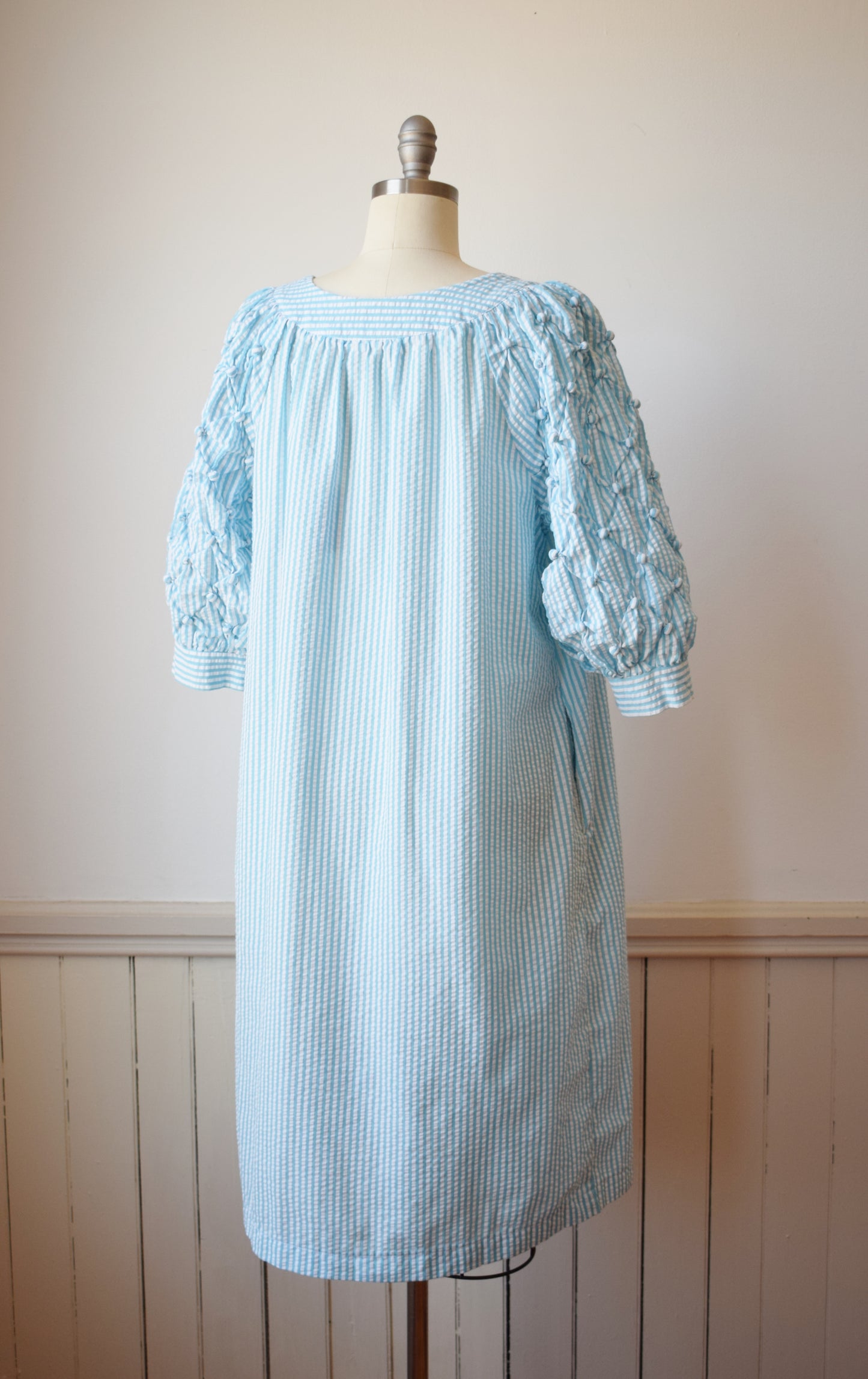 1980s Puffy Sleeve Seersucker Dress | M