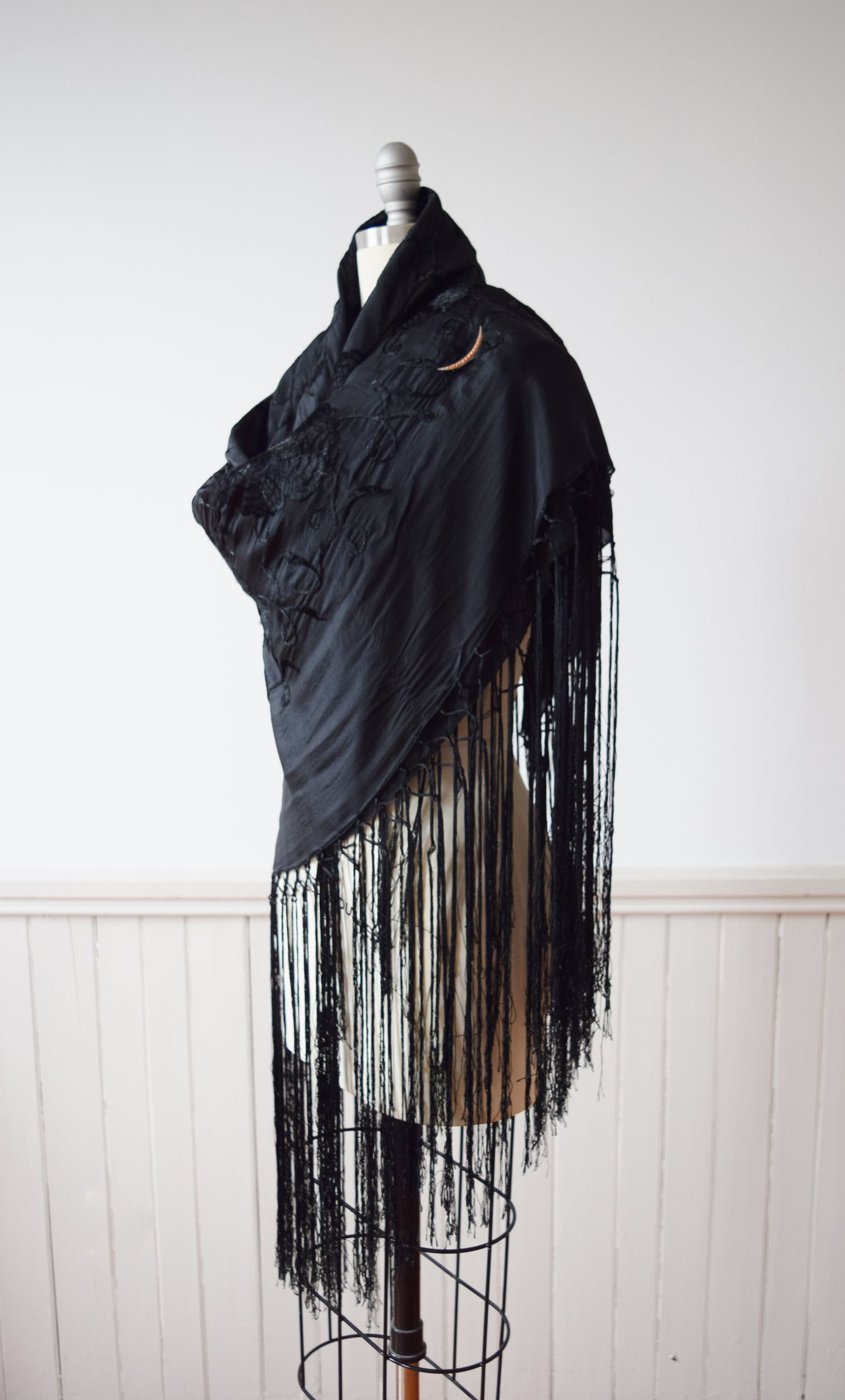 Antique Embroidered Black Silk Piano Shawl