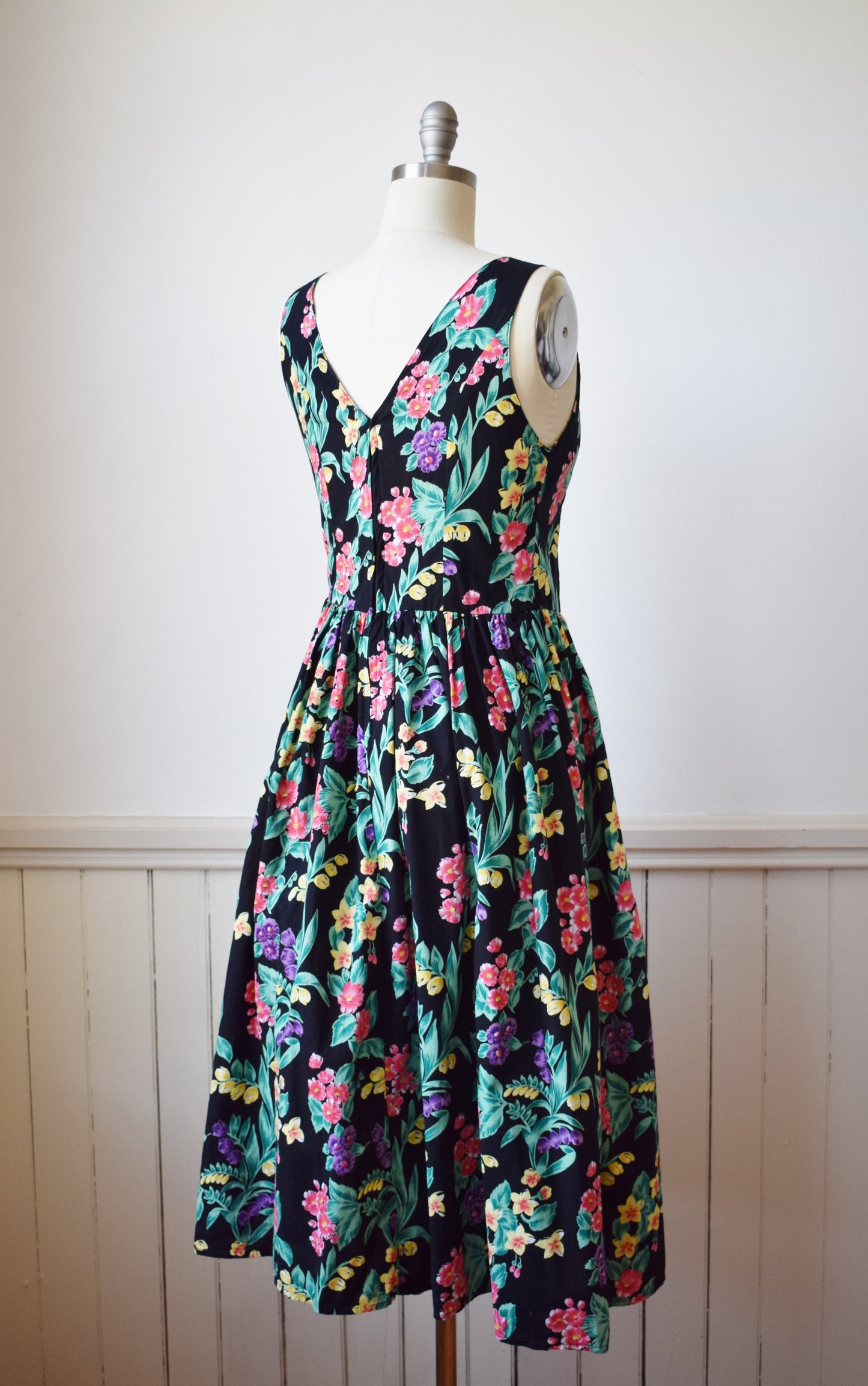 1980s Dark Floral Cotton Sundress | M