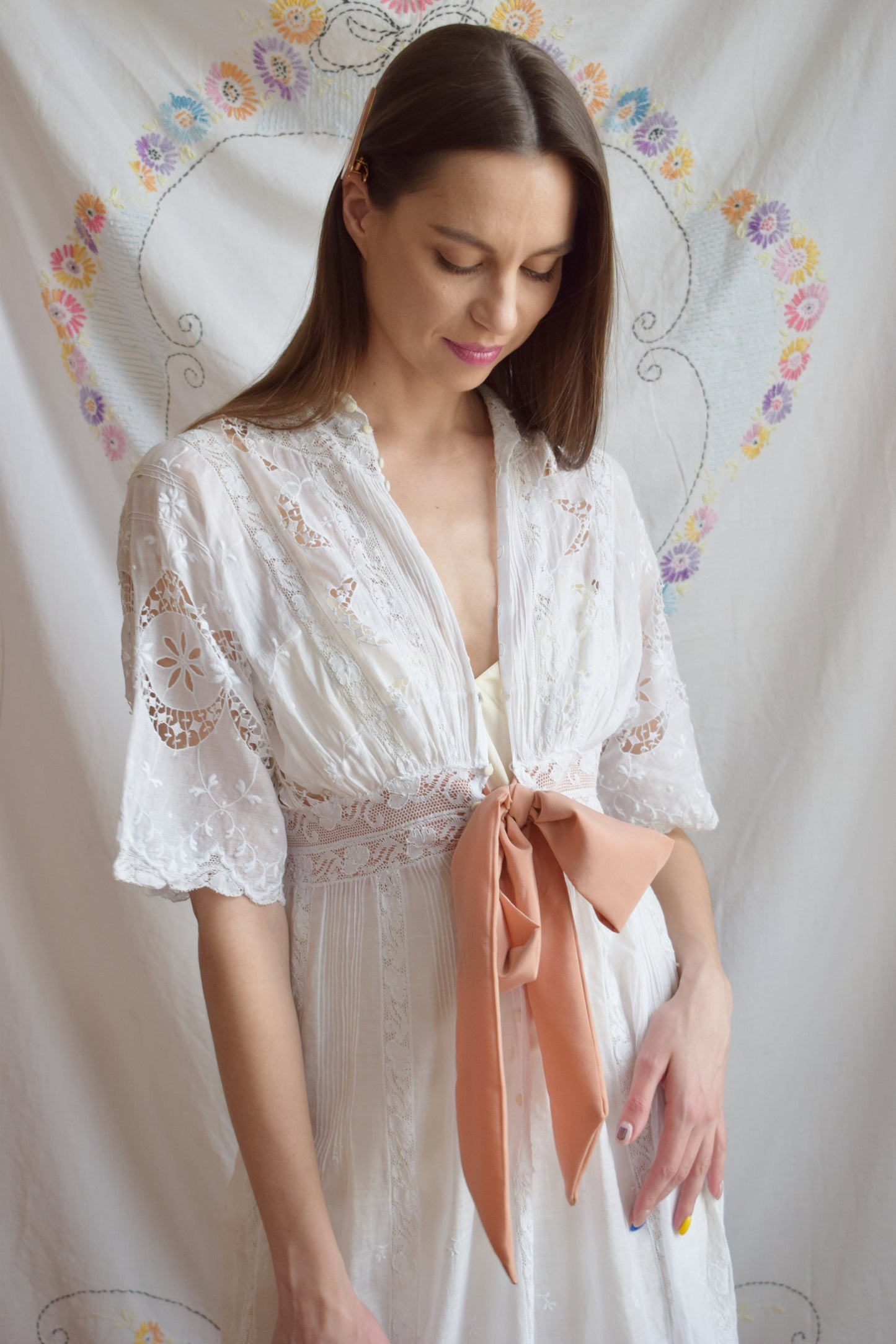 Edwardian Lawn Dress with Crescent Moon Lace and Sash | XS