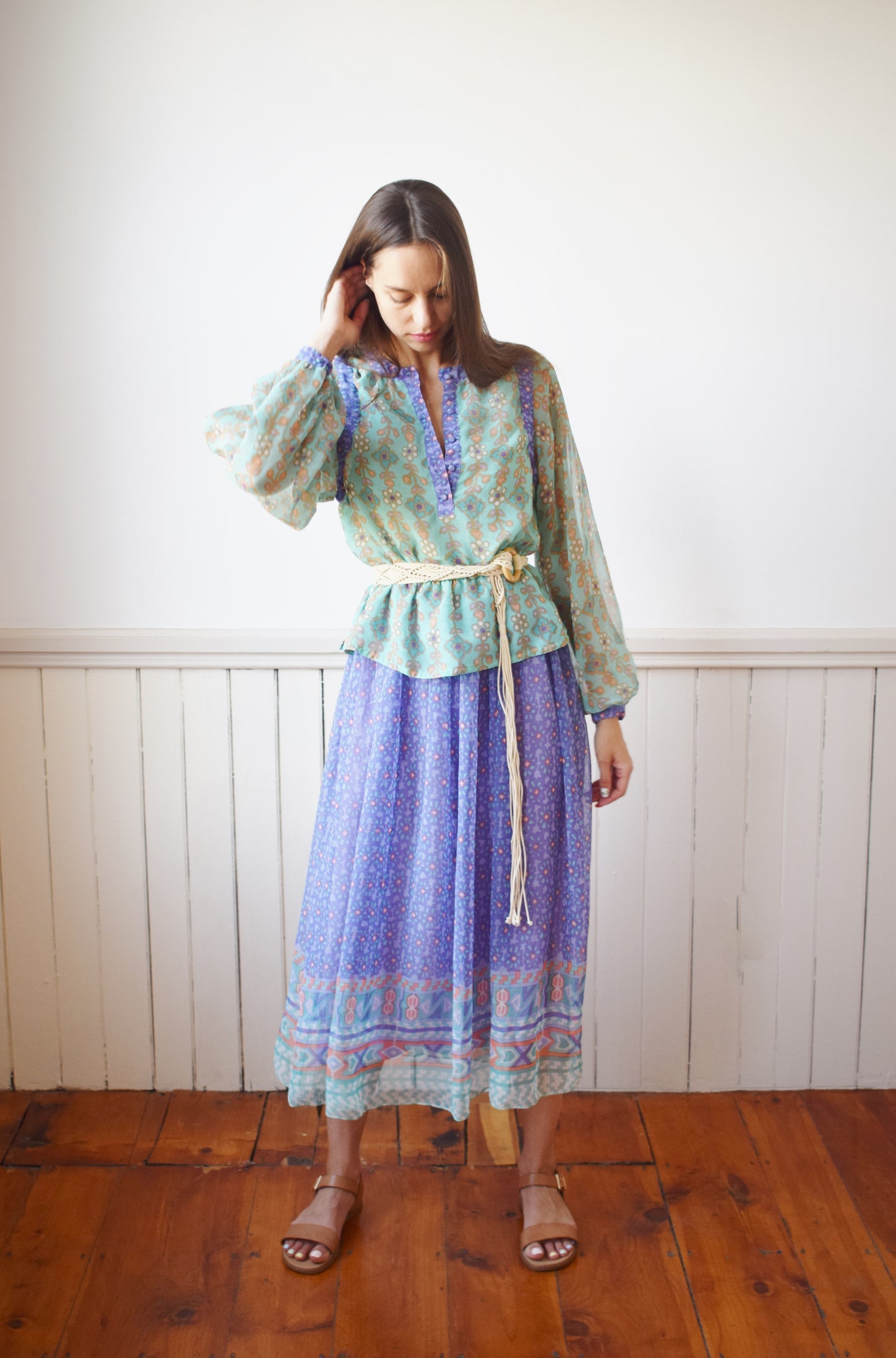 1970s Chiffon Peasant Dress Set | S