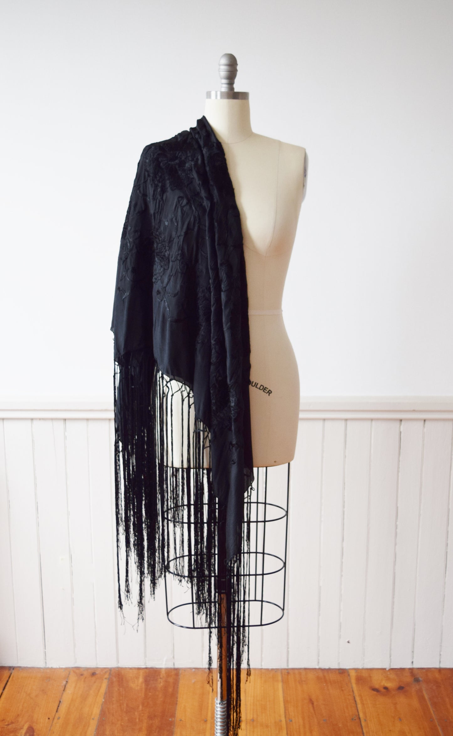 Antique Embroidered Black Silk Piano Shawl