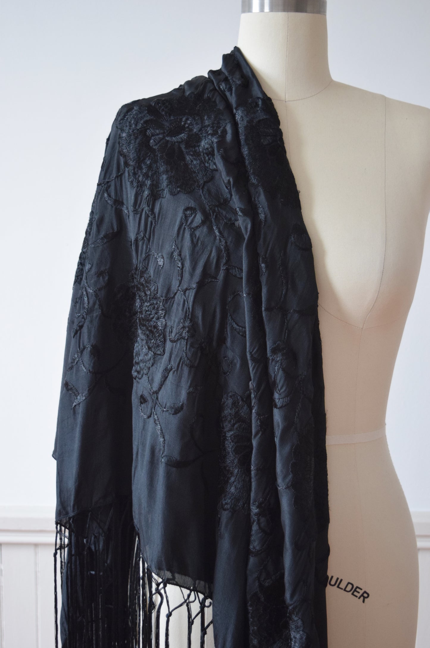Antique Embroidered Black Silk Piano Shawl