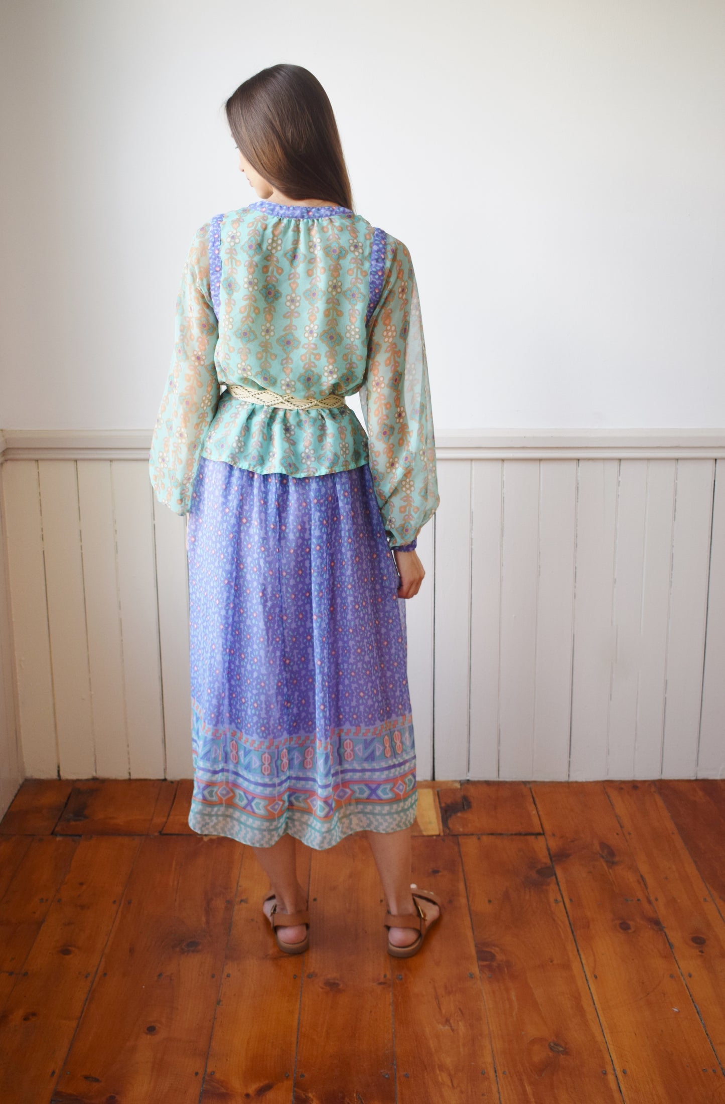 1970s Chiffon Peasant Dress Set | S