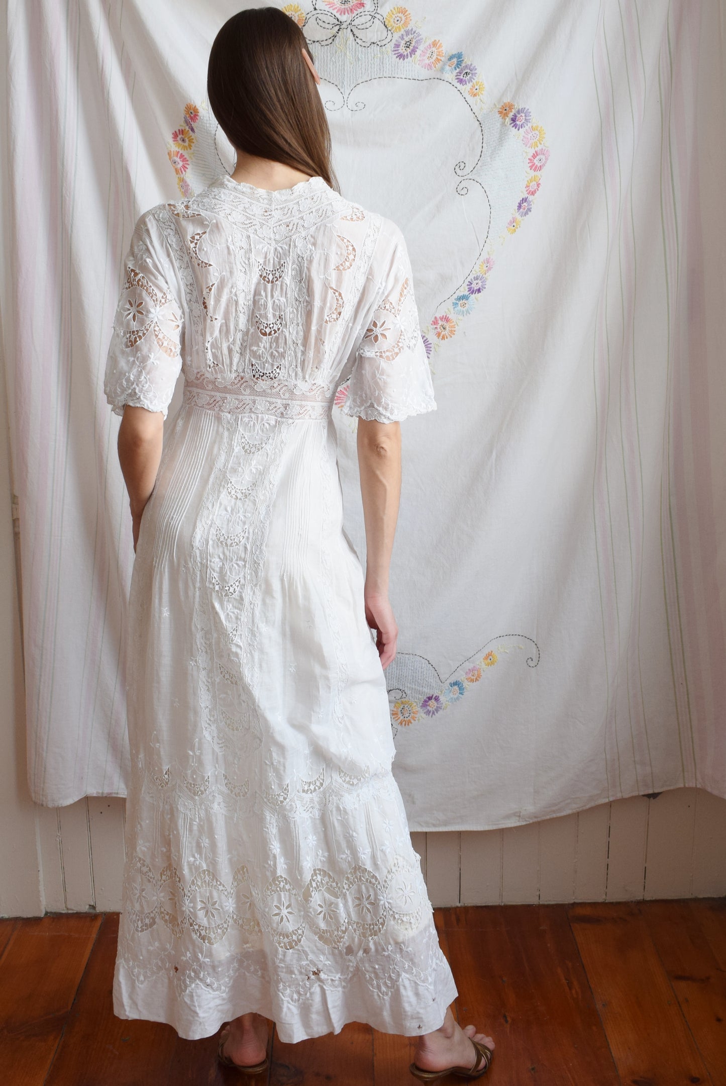 Edwardian Lawn Dress with Crescent Moon Lace and Sash | XS