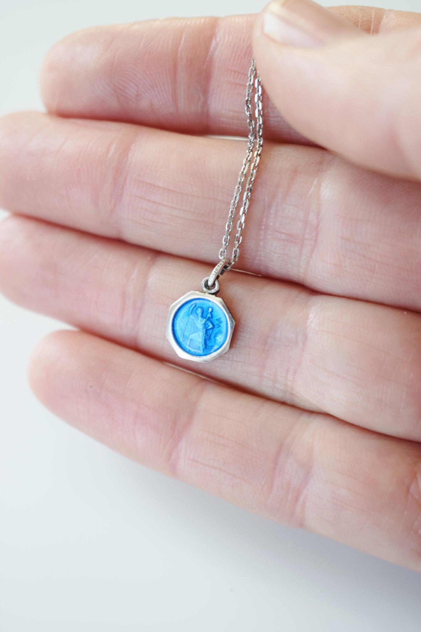 Vintage Petite Silver and Enamel St. Christopher Charm/Amulet Necklace