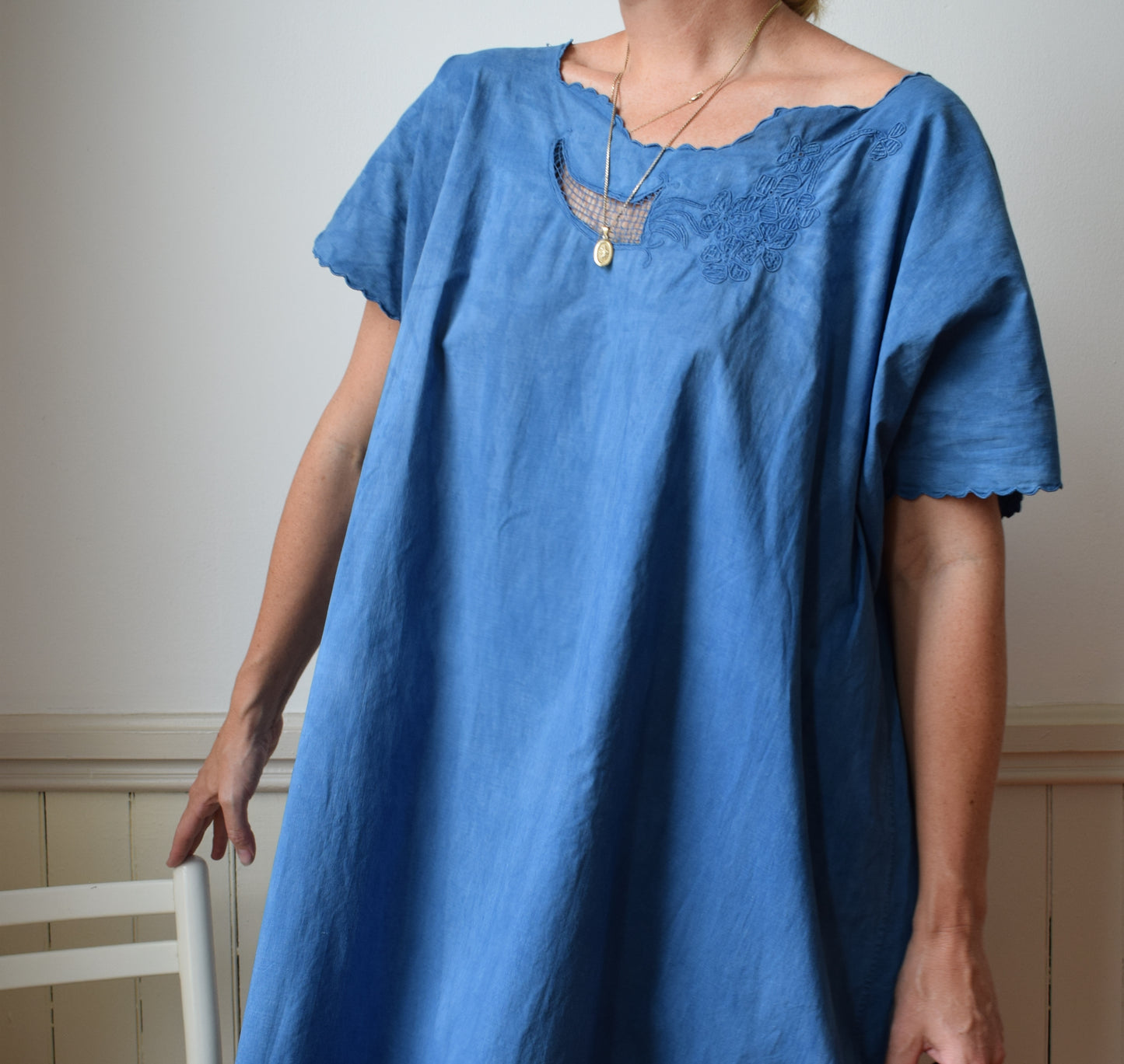 Antique Cotton Dress Dip Dyed in Natural Indigo | XL