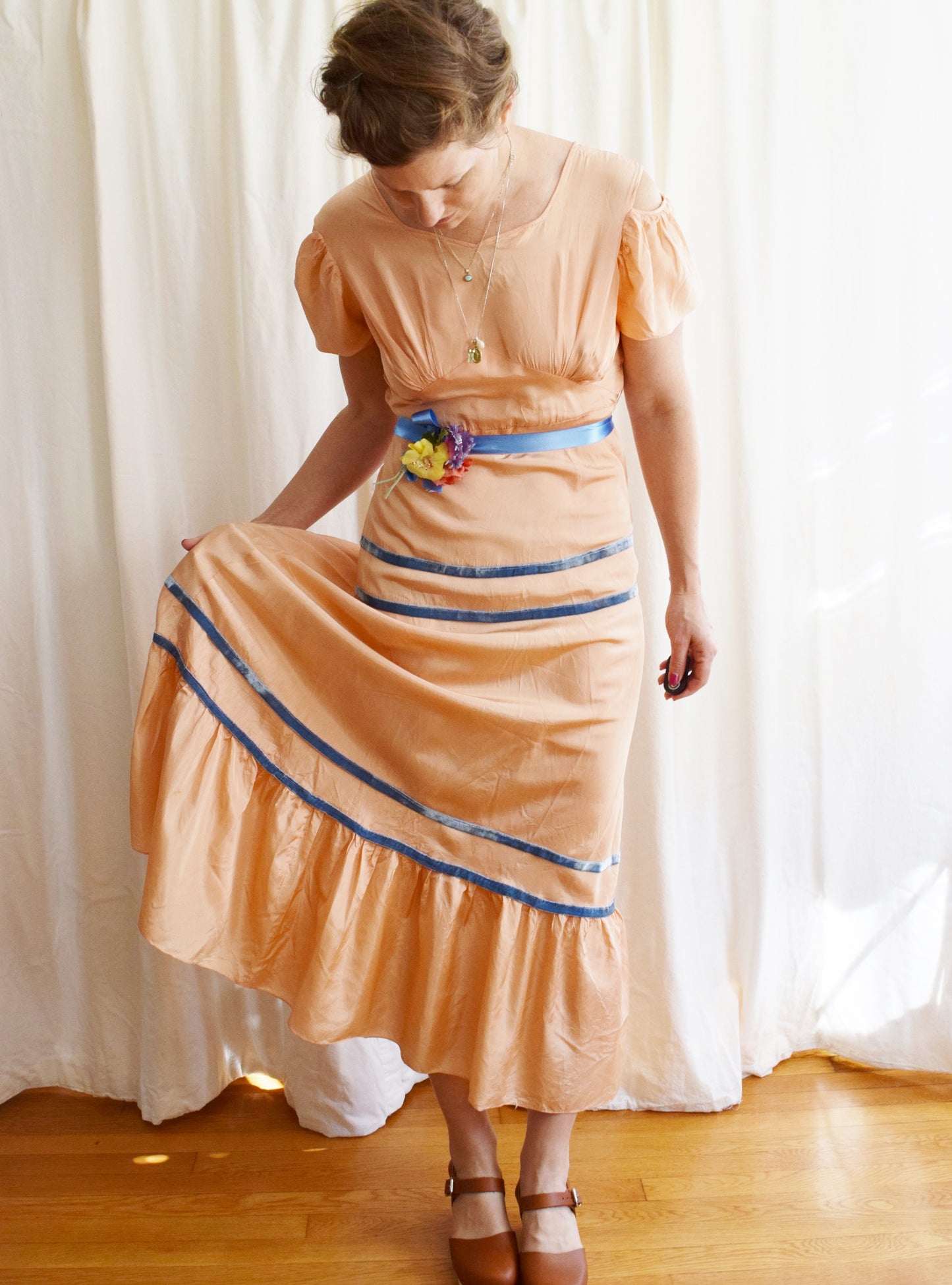 1930s Peachy Taffeta Puff Sleeve Gown with Cold Shoulder Detail