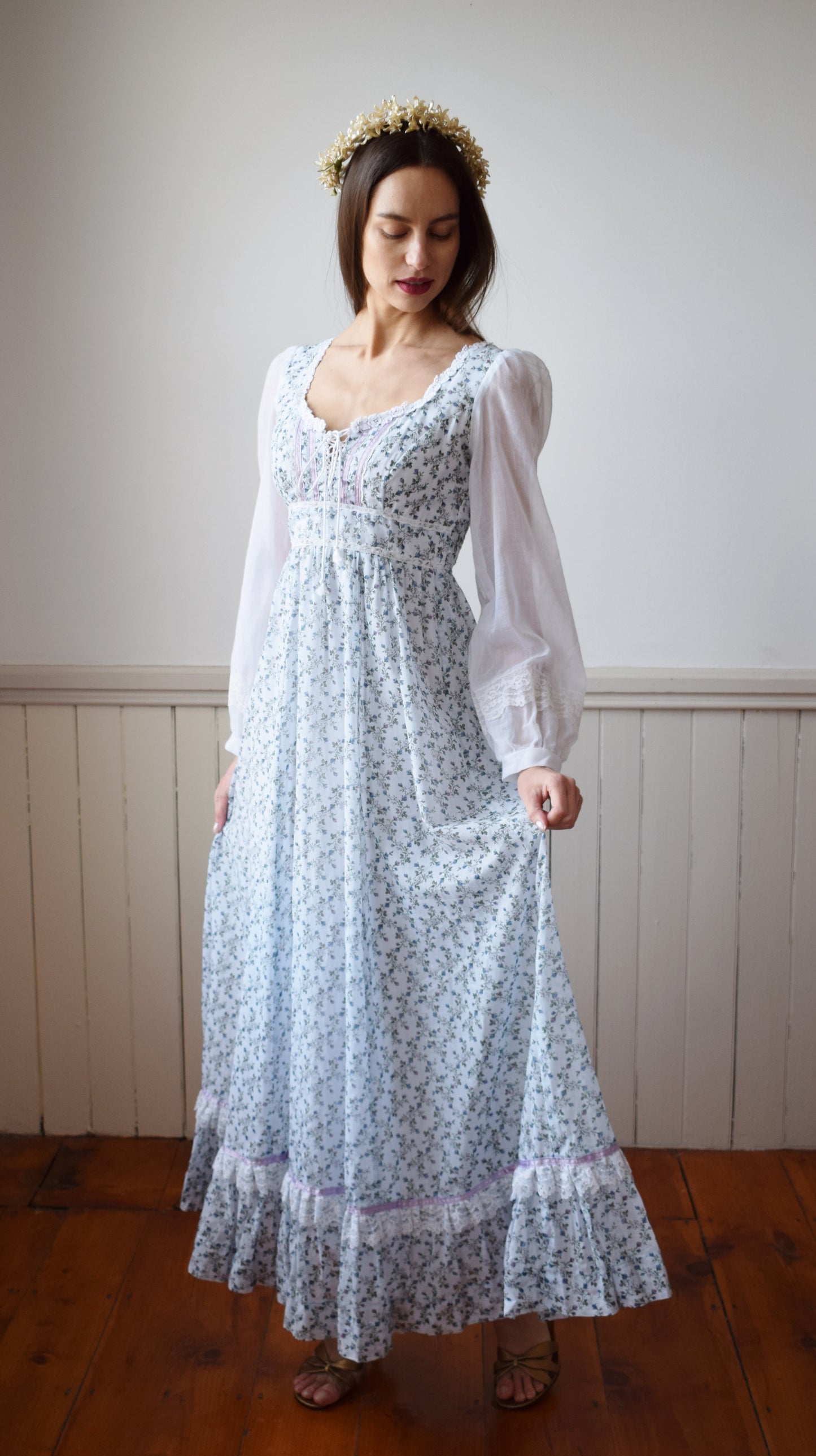 1970s Gunne Sax Gown | Blue FLoral | XXS/XS