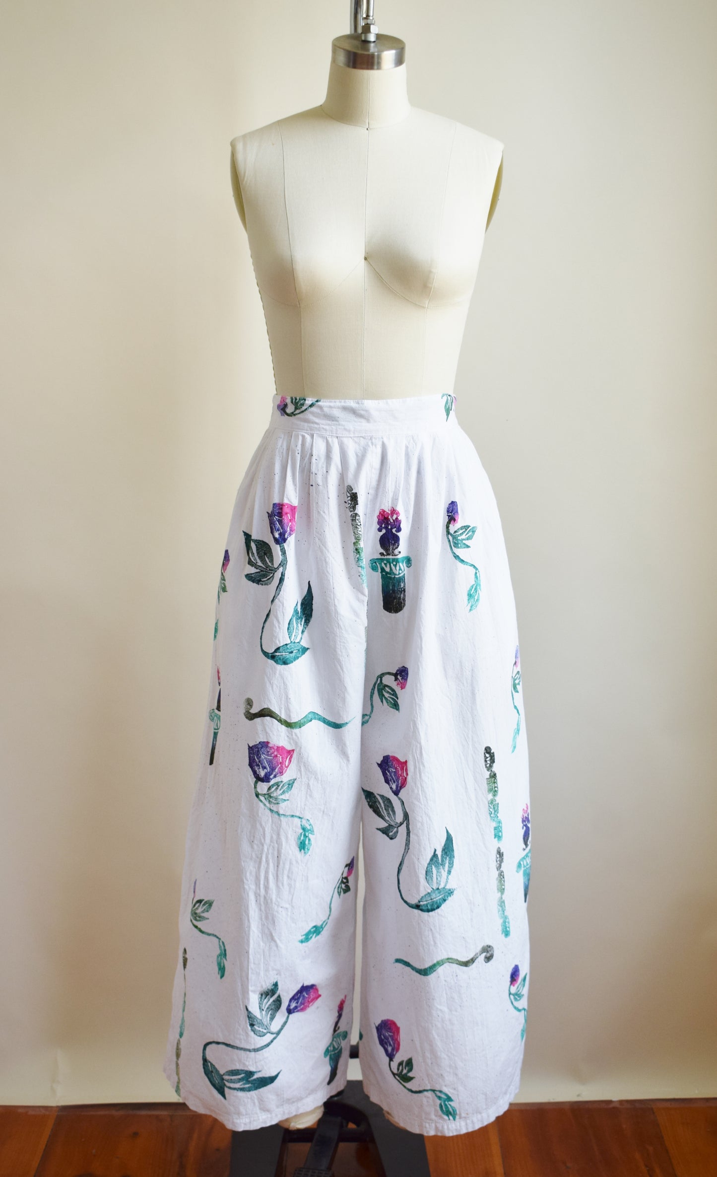 90s Hand Painted Wide Leg Cotton Pants | S-M