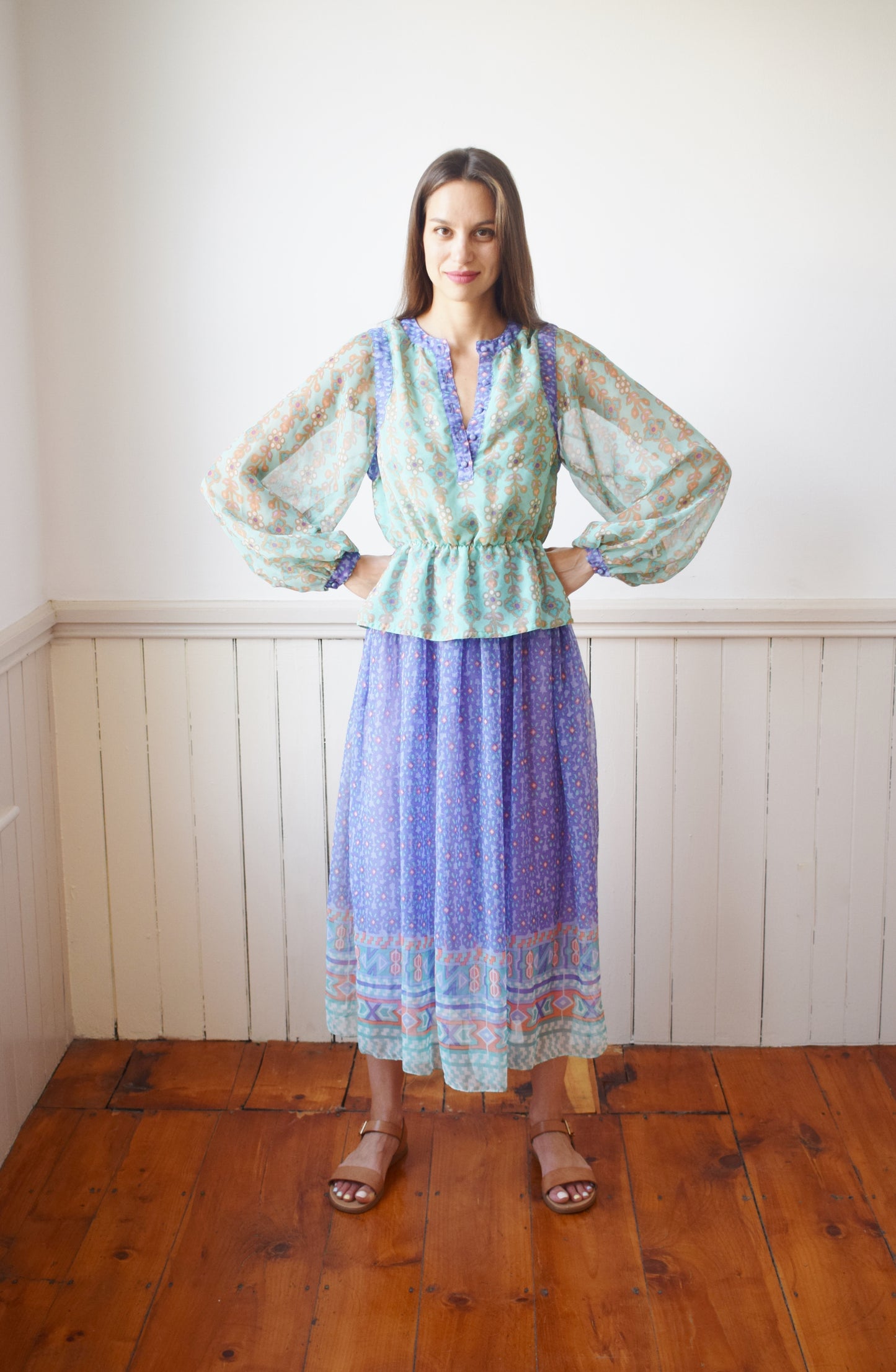 1970s Chiffon Peasant Dress Set | S